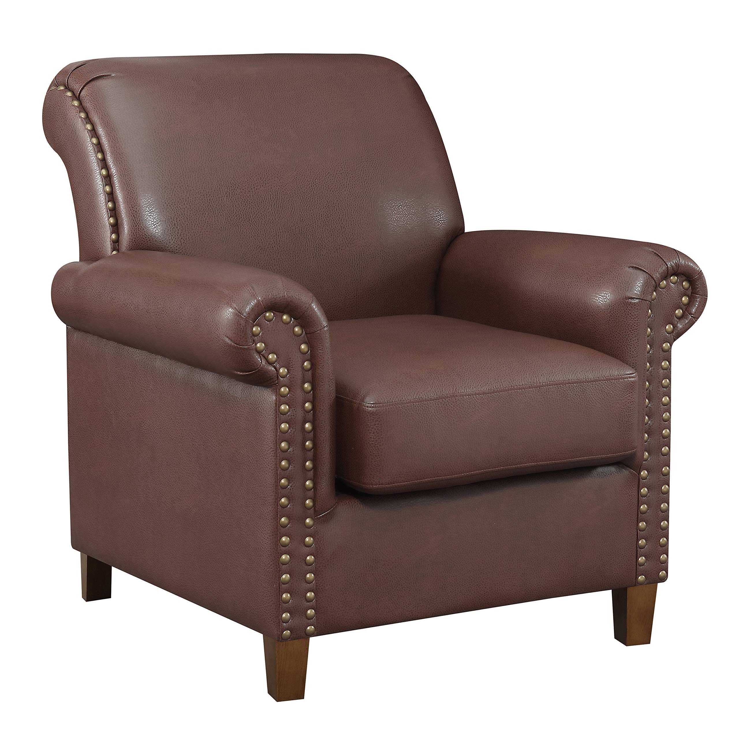 Amazon Brand – Ravenna Home Classic Rolled Arm Nailedhead Faux Leather Accent Chair, 35"W, Brown