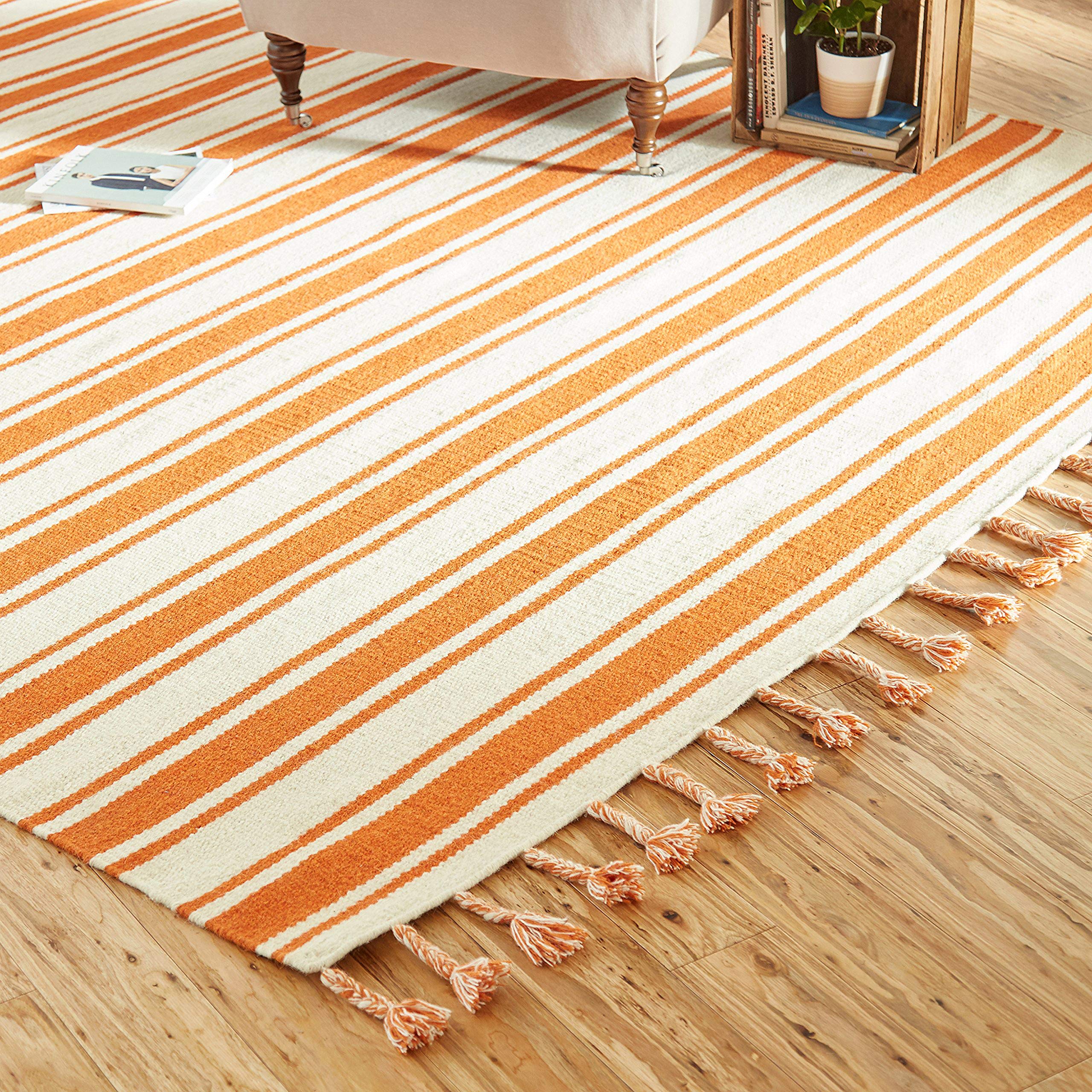Amazon Brand – Stone & Beam Los Altos Striped Dhurrie Farmhouse Area Rug, 8' x 10' 6", Orange and Ivory