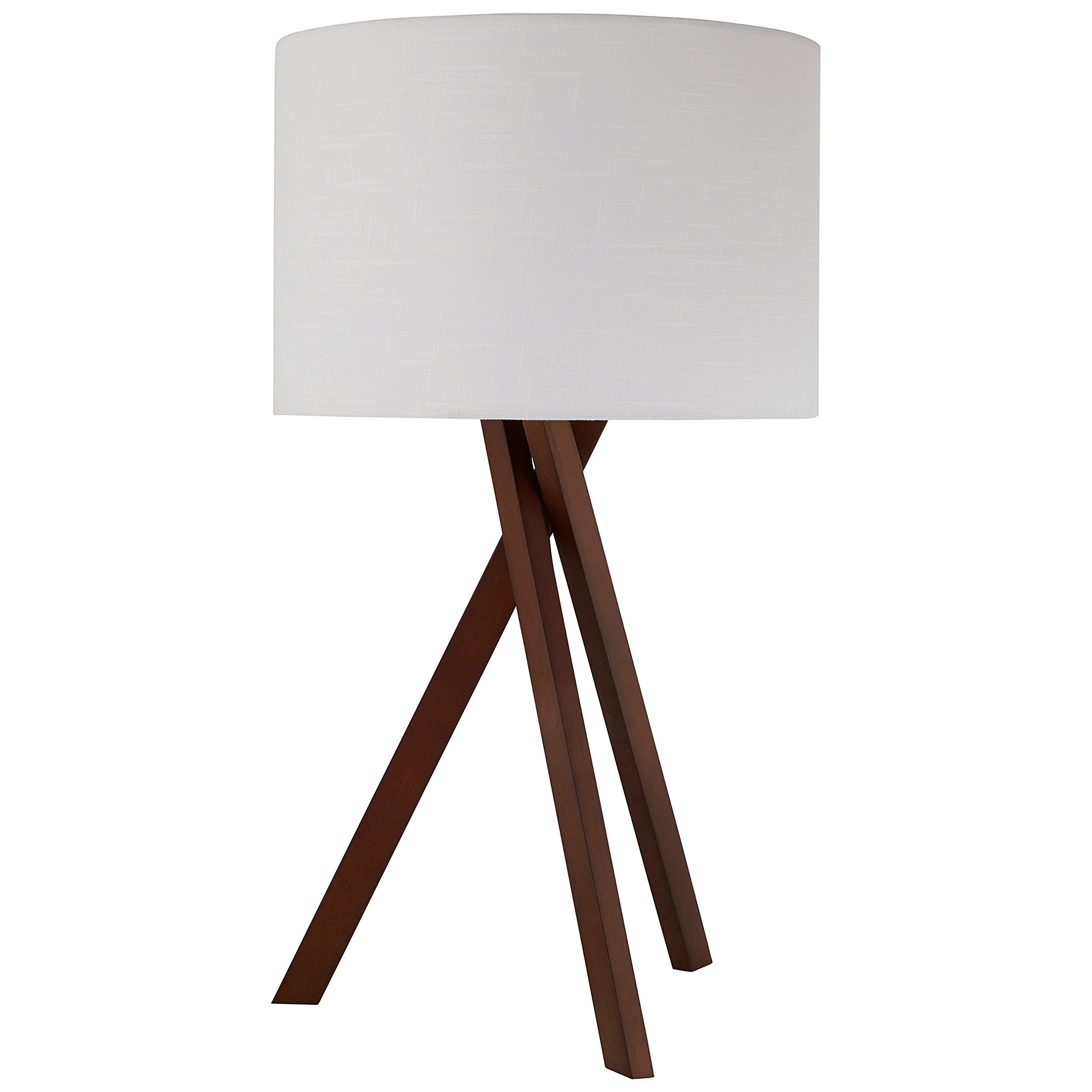 Rivet Atlas Mid Century Modern Wood Tripod Table Desk Lamp With Light Bulb - 27 Inches, White Shade And Walnut Finish