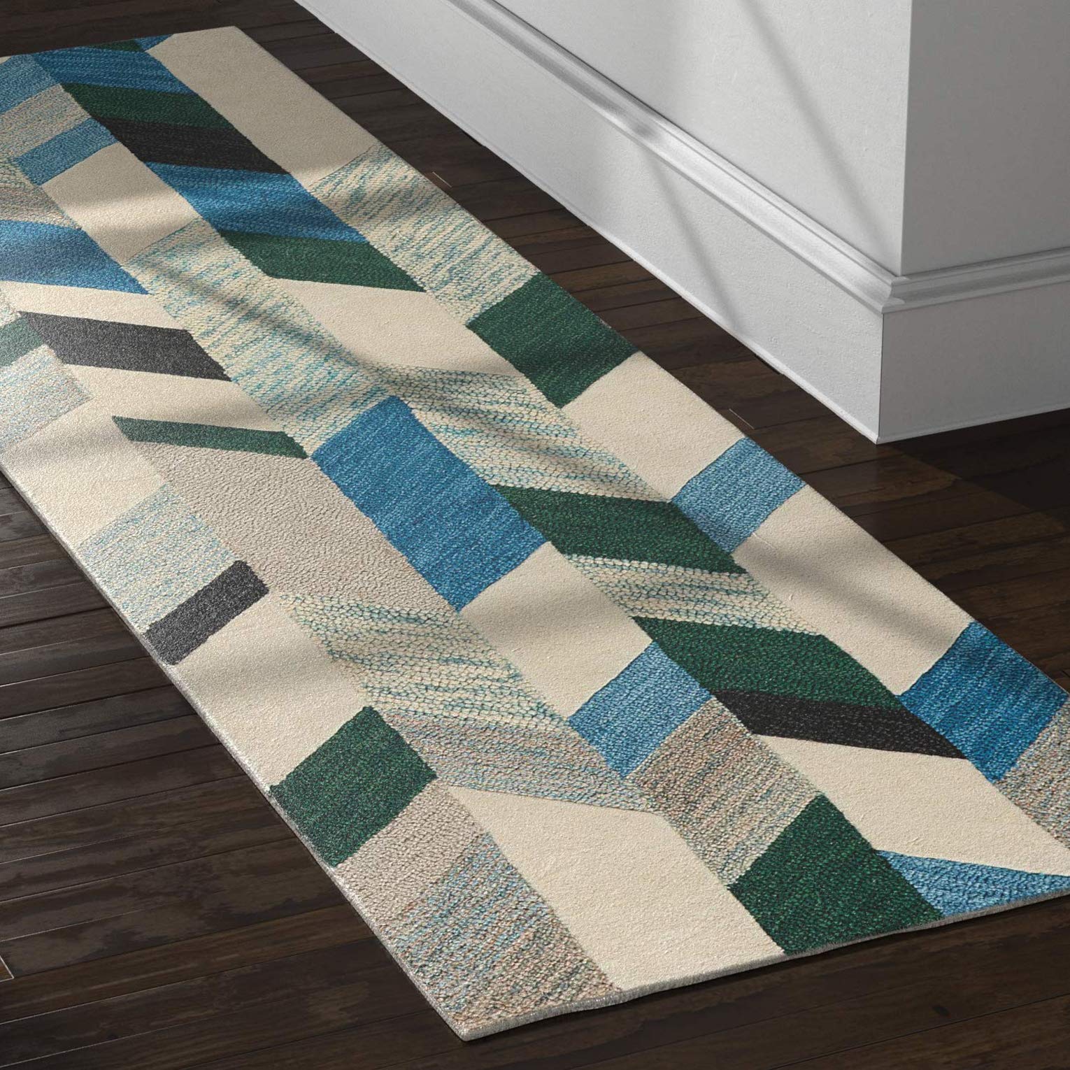 Amazon Brand – Rivet Modern Chevron Wool Runner Rug, 2' 6" x 8', Blue, Green, Ivory