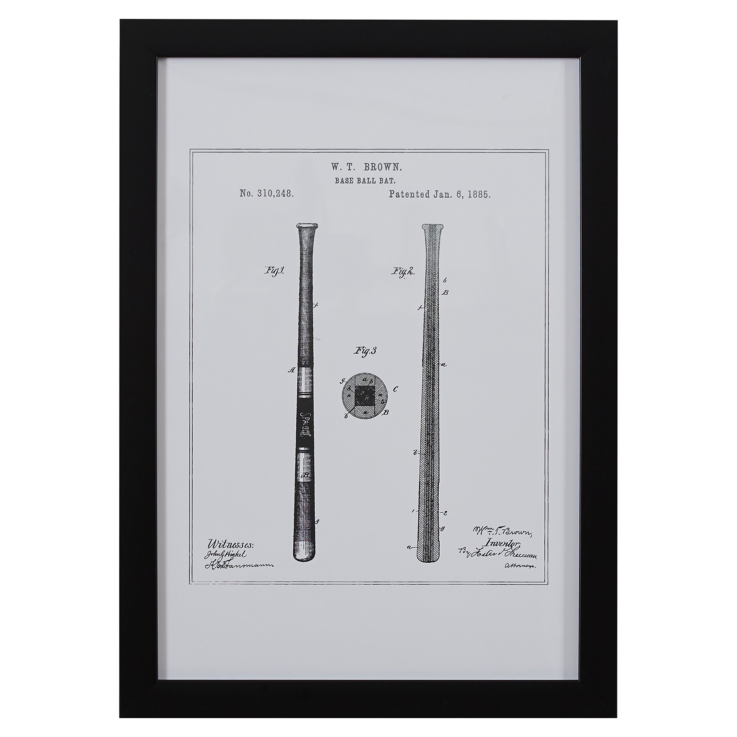 Amazon Brand – Stone & Beam Modern Gold Print of 1885 Baseball Bat Patent, Black Frame, 15" x 21"
