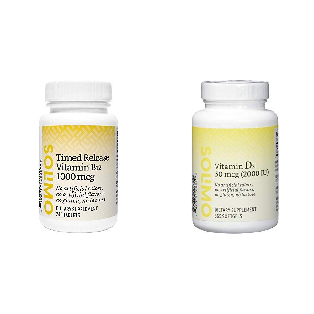 Amazon Brand - Solimo Timed Release Vitamin B12 1000 mcg, 240 Tablets, Eight Month Supply & Solimo Vitamin D3 50 mcg (2000 IU), 365 Softgels, Value Size - One Year Supply
