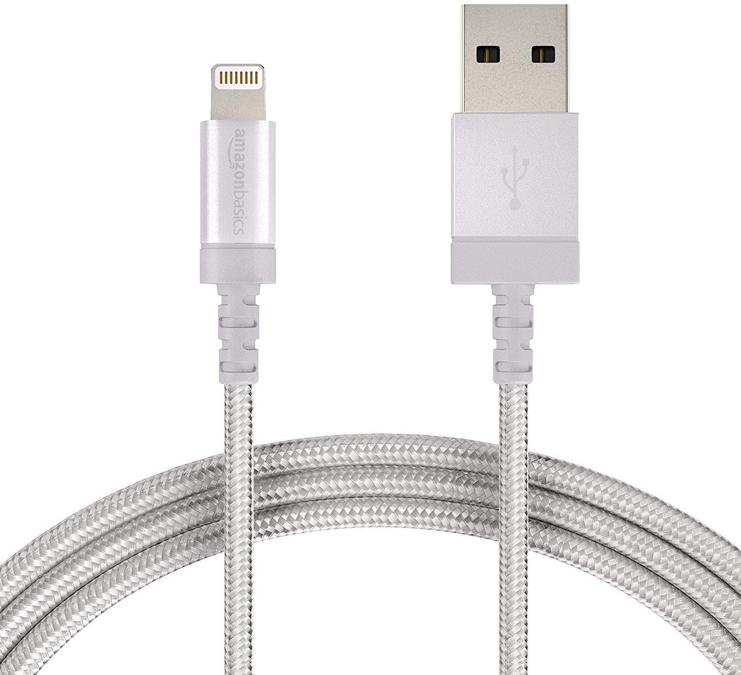 AmazonBasics Nylon Braided Lightning to USB A Cable, MFi Certified Apple iPhone Charger, Silver, 6-Foot