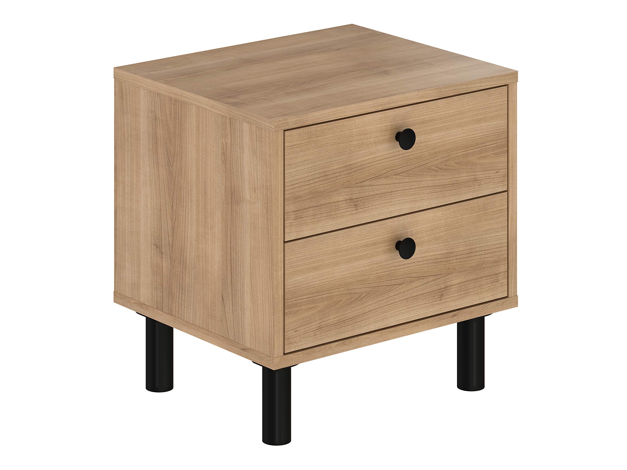 AmazonBasics 2-Drawer Beside Table, 45 x 38 x 46 cm, Light Brown with Black Legs/Handles