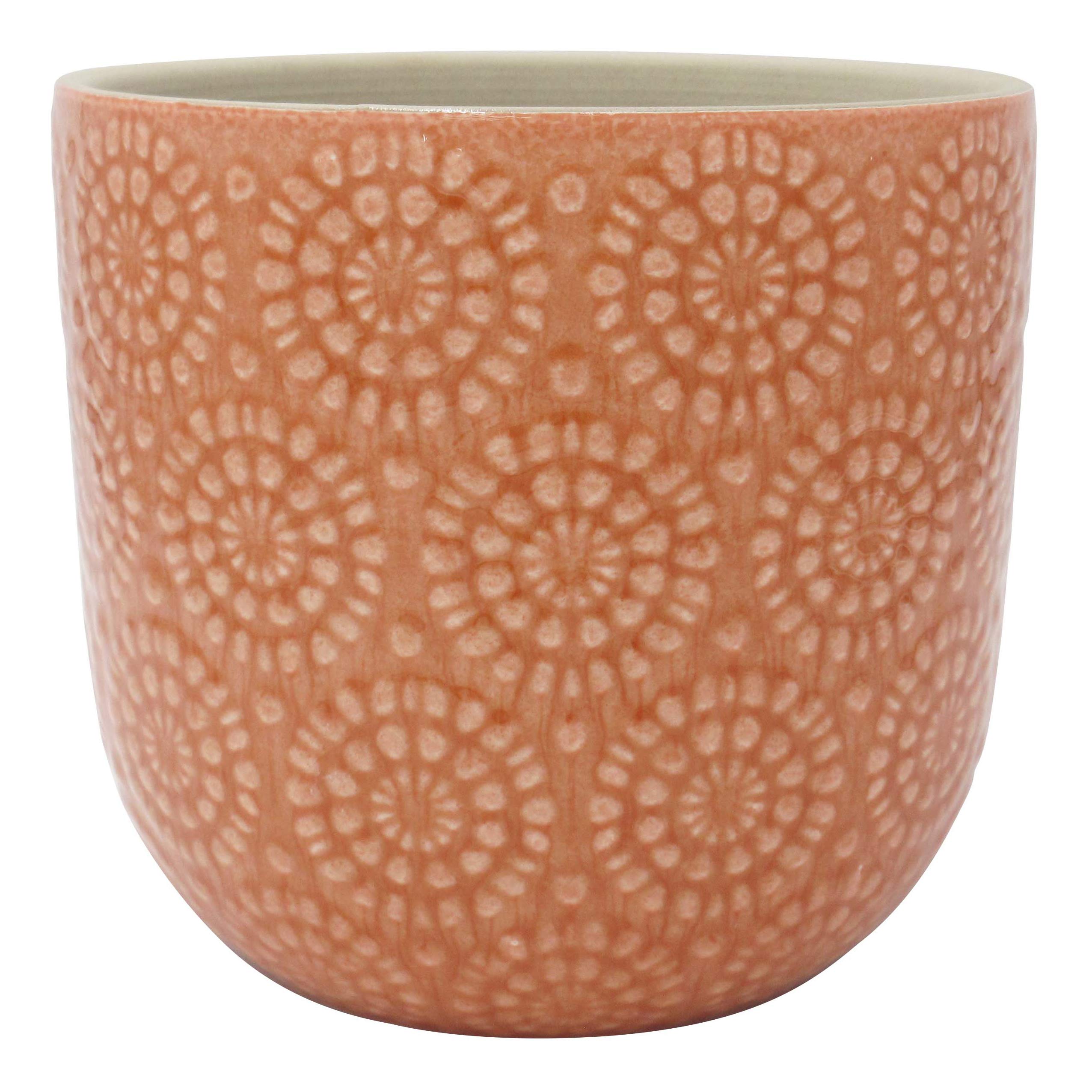 Amazon Brand – Stone & Beam Large Floral-Embossed Planter, 7.5"H, Arabesque Coral Pink
