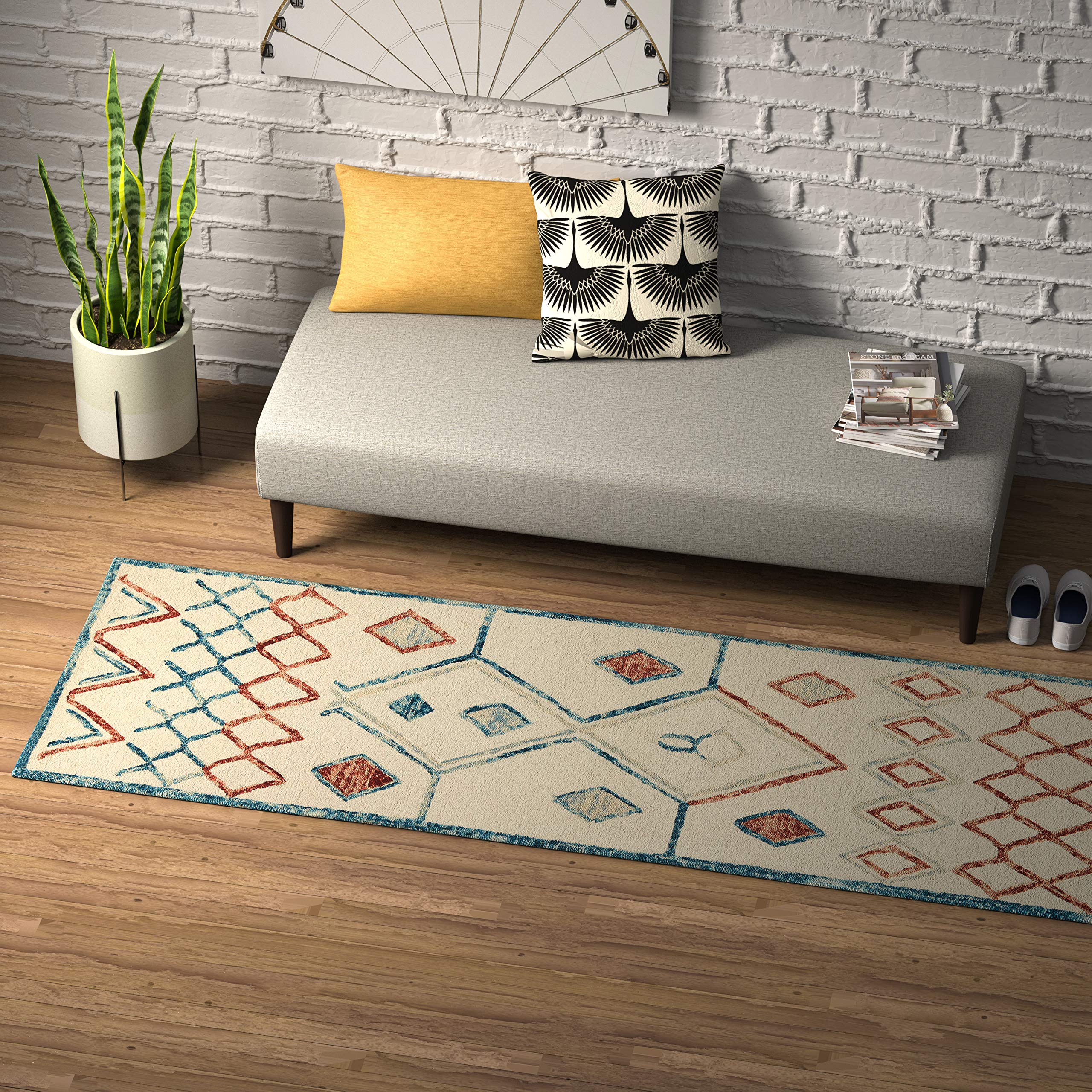 Amazon Brand – Rivet Handtufted Diamond-Patterned Cotton and Wool Rug Runner, 2'6" x 8', Cream with Blue and Orange