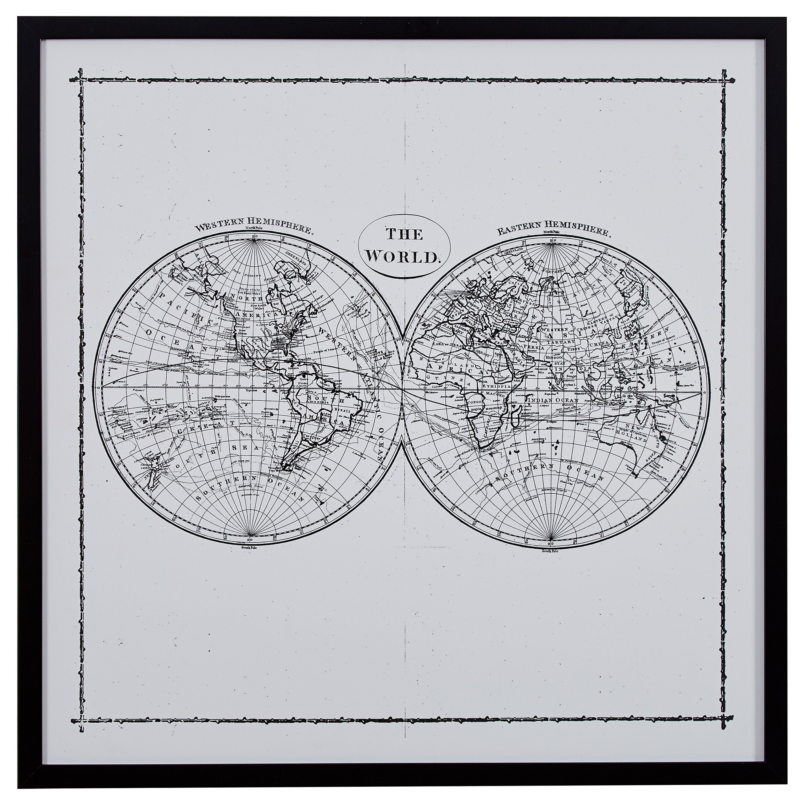 Amazon Brand – Rivet World Map Hemisphere Print in Black and White Vintage Wall Art, Black Frame, 30.5" x 30.5"