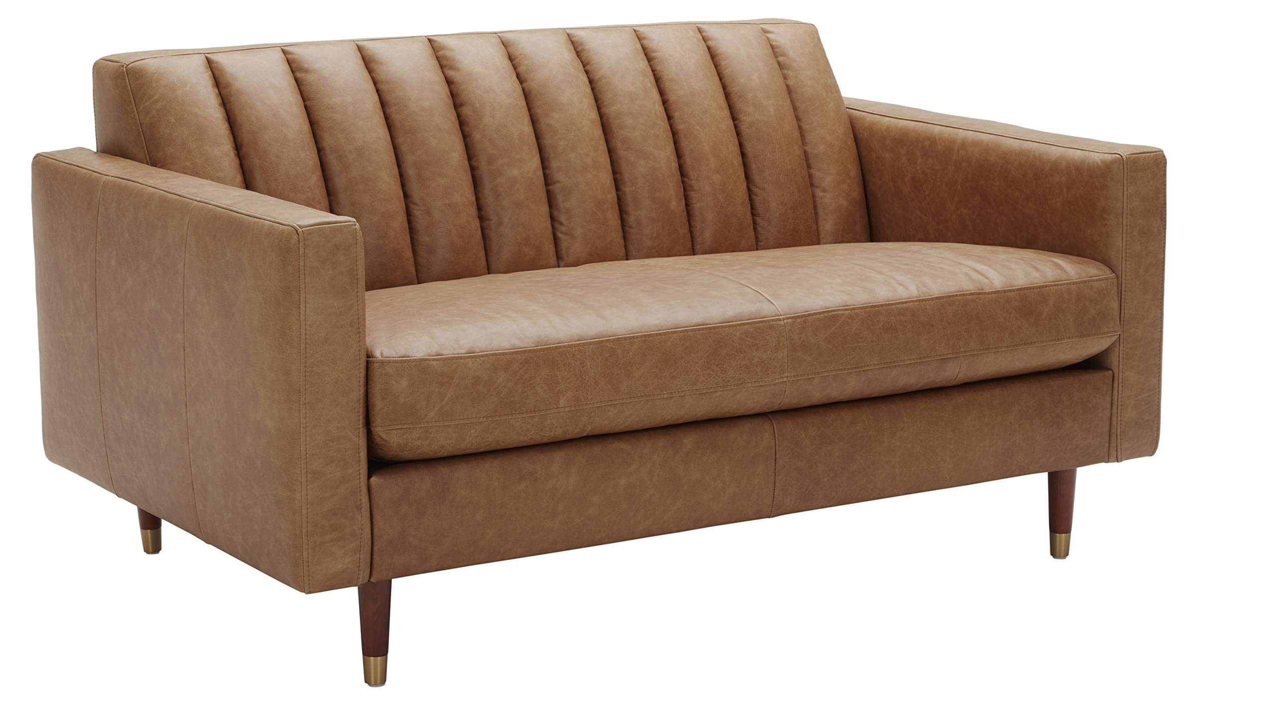 Amazon Brand – Rivet Damien Mid-Century Modern Channel-Backed Loveseat, 61"W, Leather, Cognac