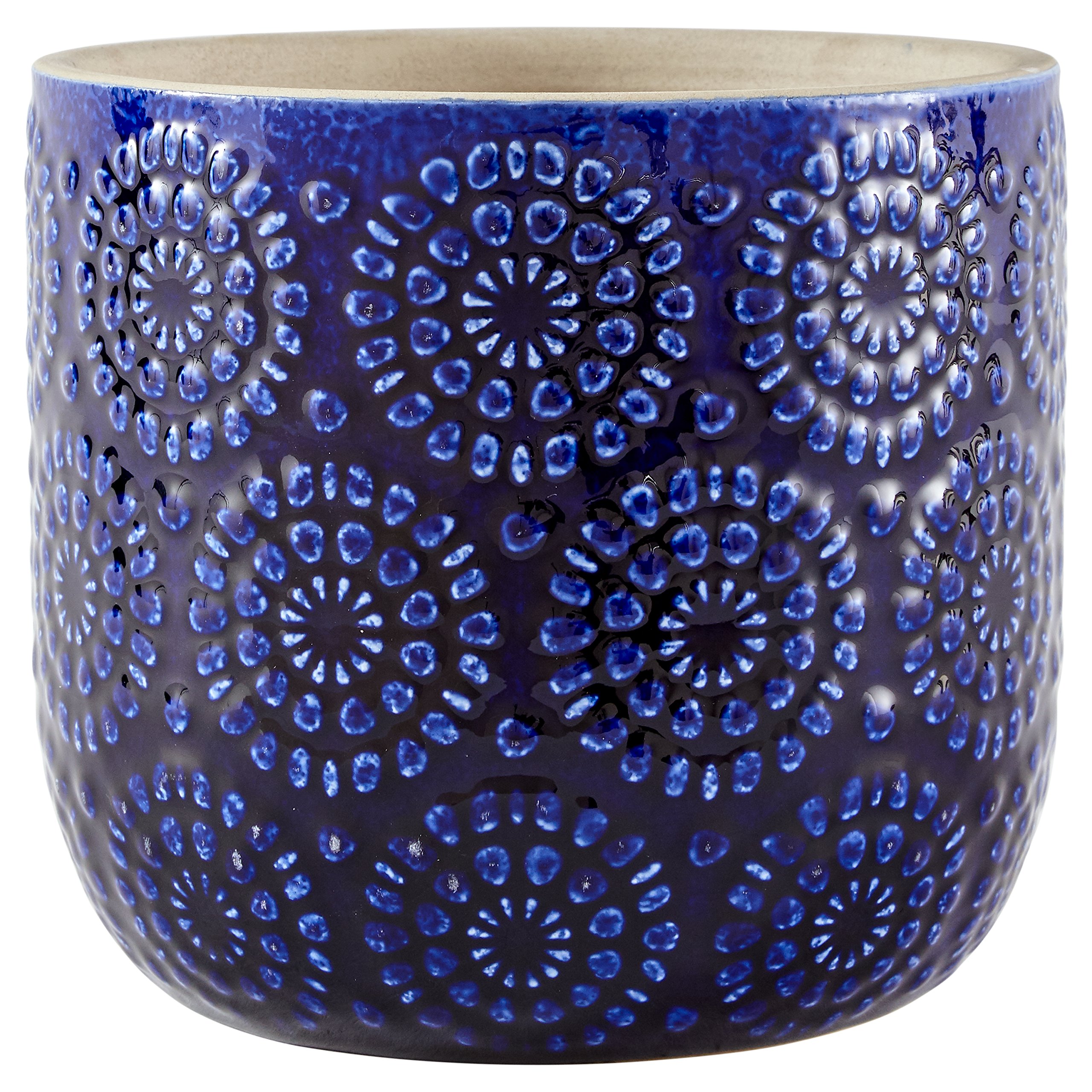Amazon Brand – Stone & Beam Modern Ceramic Floral Embossed Decorative Planter Flower Pot, 6"H, Blue