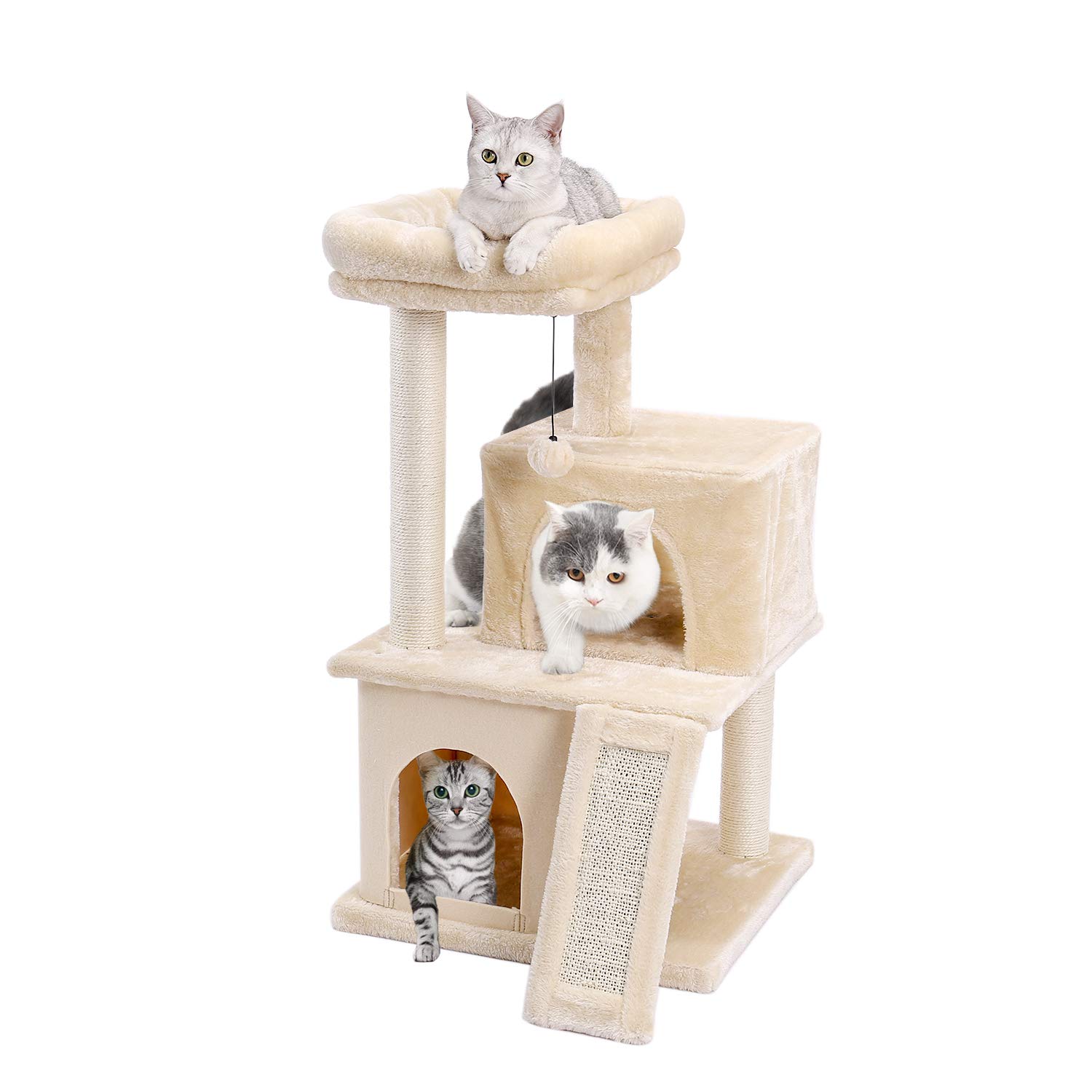 Eono Essentials Cat Tree, Scratching Post, Cat Furniture with Sisal Rope, Plush Lounger, Hollow Playhouse, Toy for Cats, beige