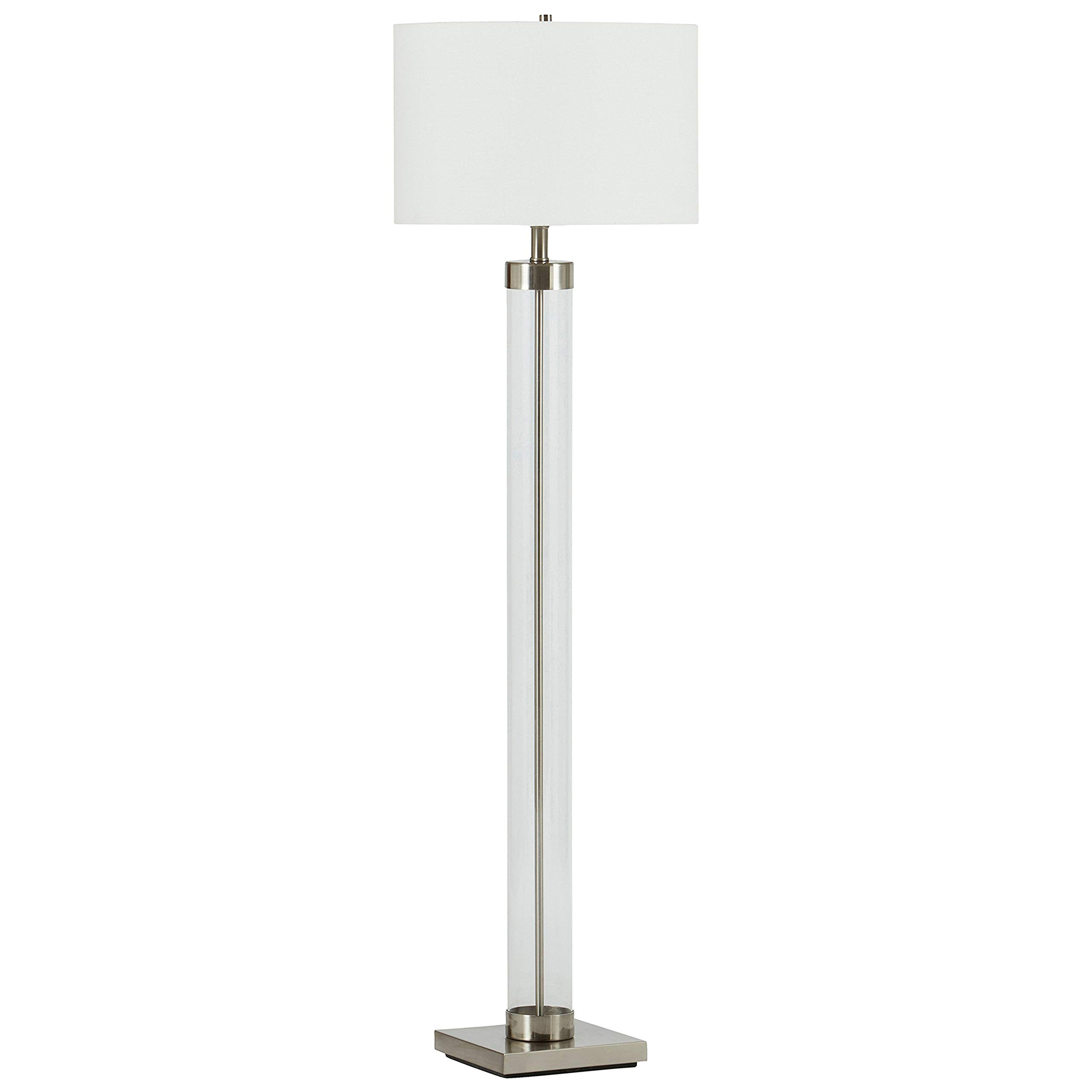 Amazon Brand – Stone & Beam Glass Column Living Room Standing Floor Lamp With Light Bulb and Linen Shade, 59"H, Brushed Nickel