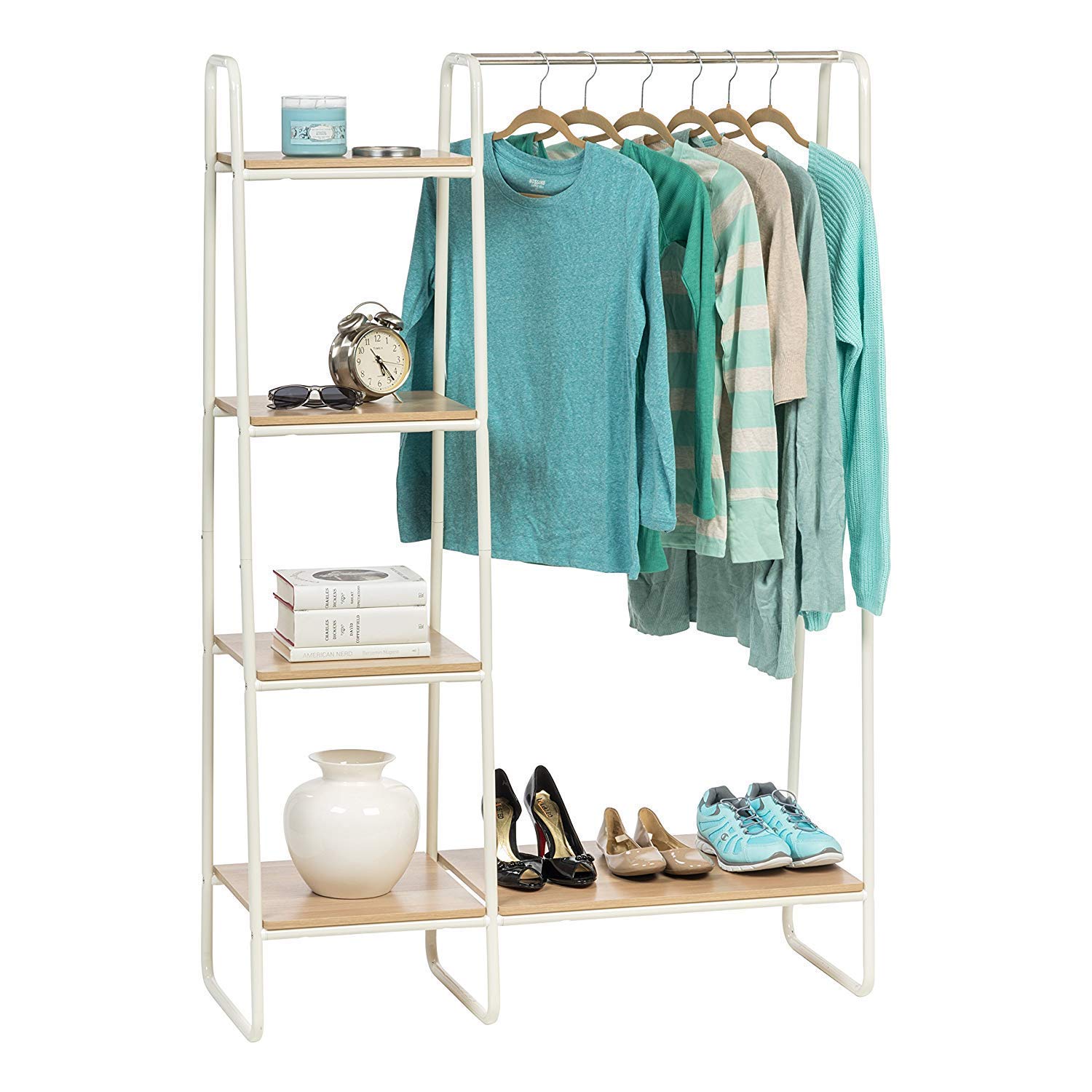 Iris Ohyama Clothes Garement MDF metal Garment Rack PI-B3-light oak and white, 101.1 x 40 x 150 cm, Wood, Multi shelves