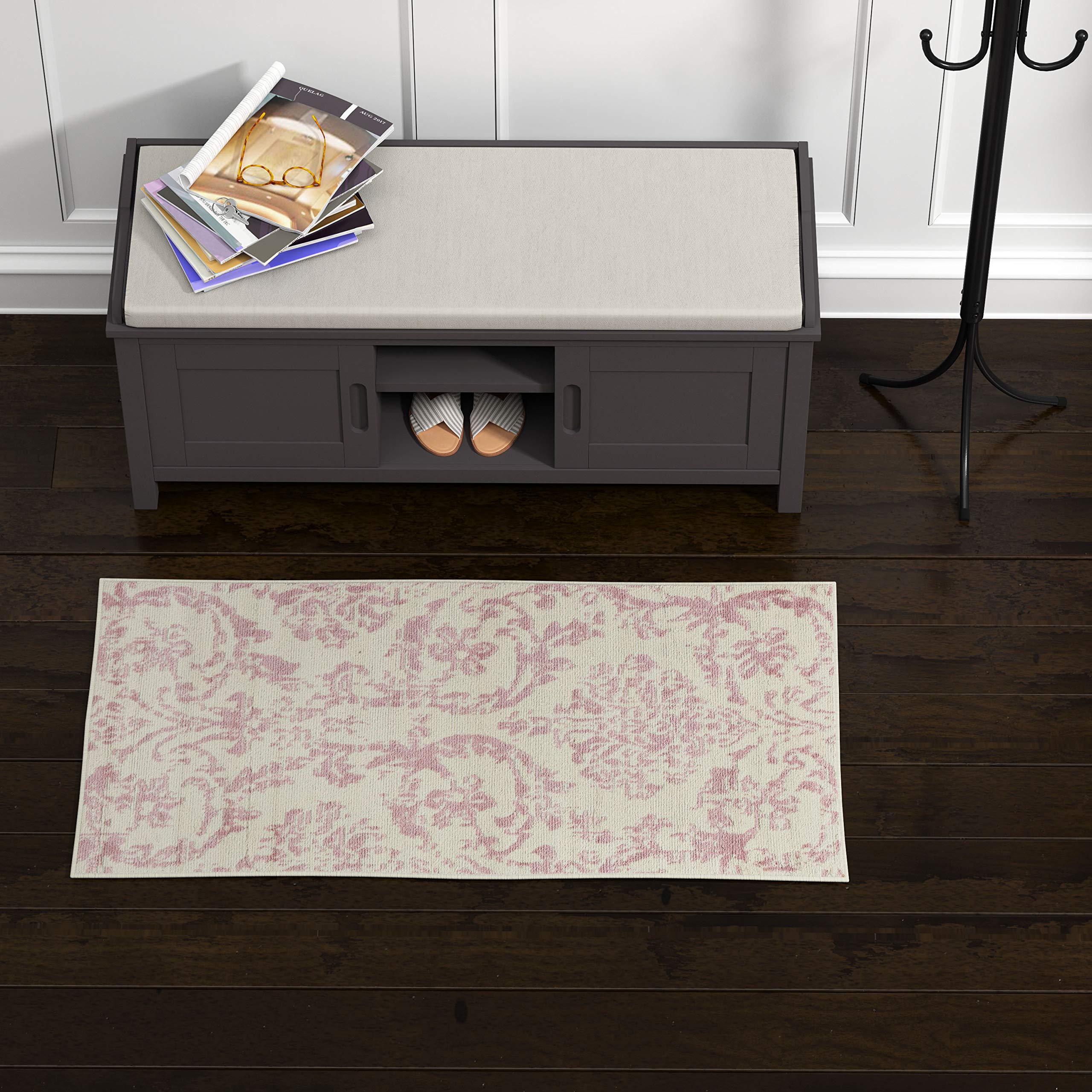 Ravenna Home Vintage Damask Patterned Rug, 2' x 4', Pink on White