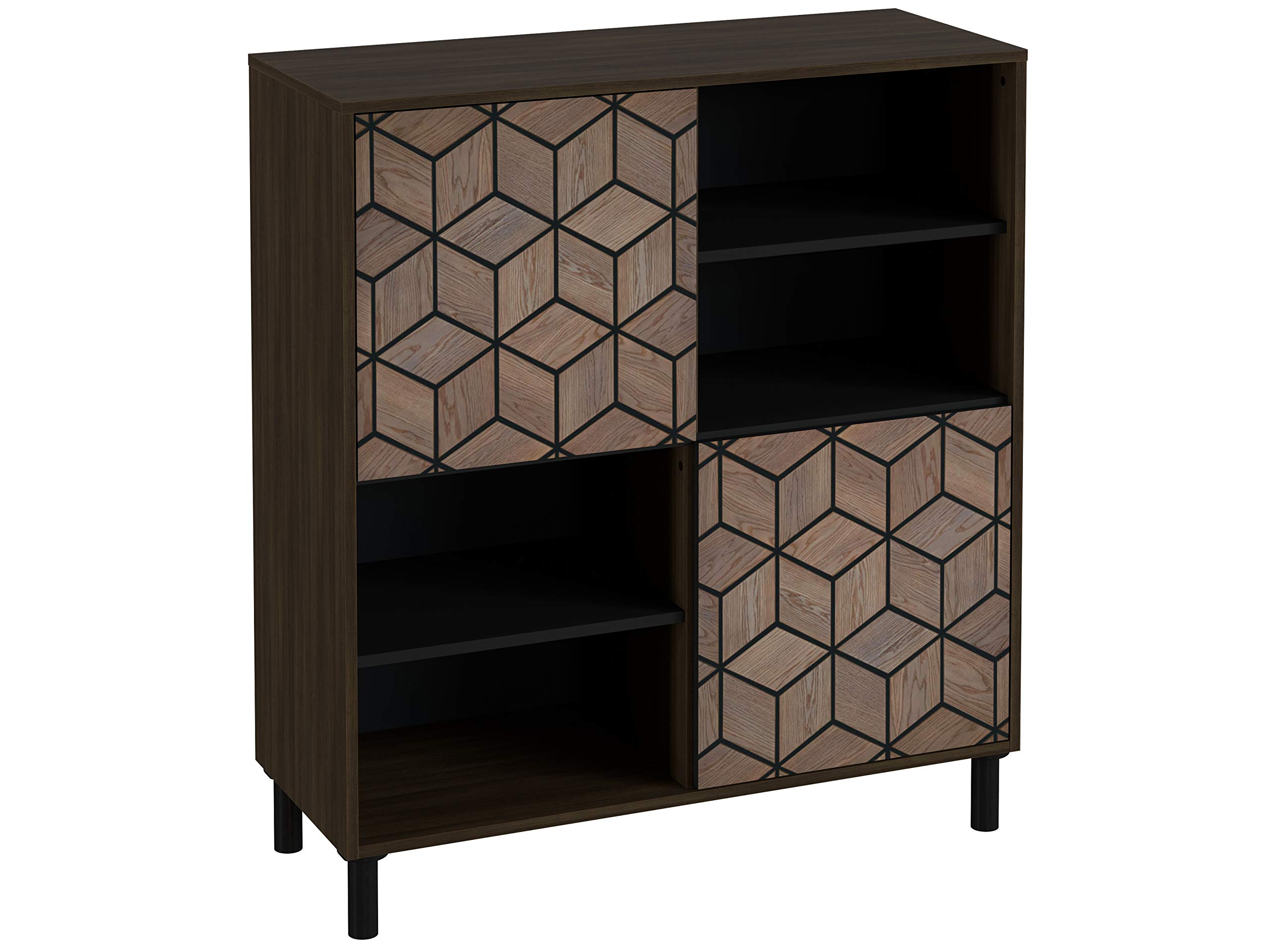 AmazonBasics 2-Door Sideboard Storage Cabinet with 8 Shelves, 101 x 40 x 113 cm, Dark Brown/Geometric Pattern, Black Legs