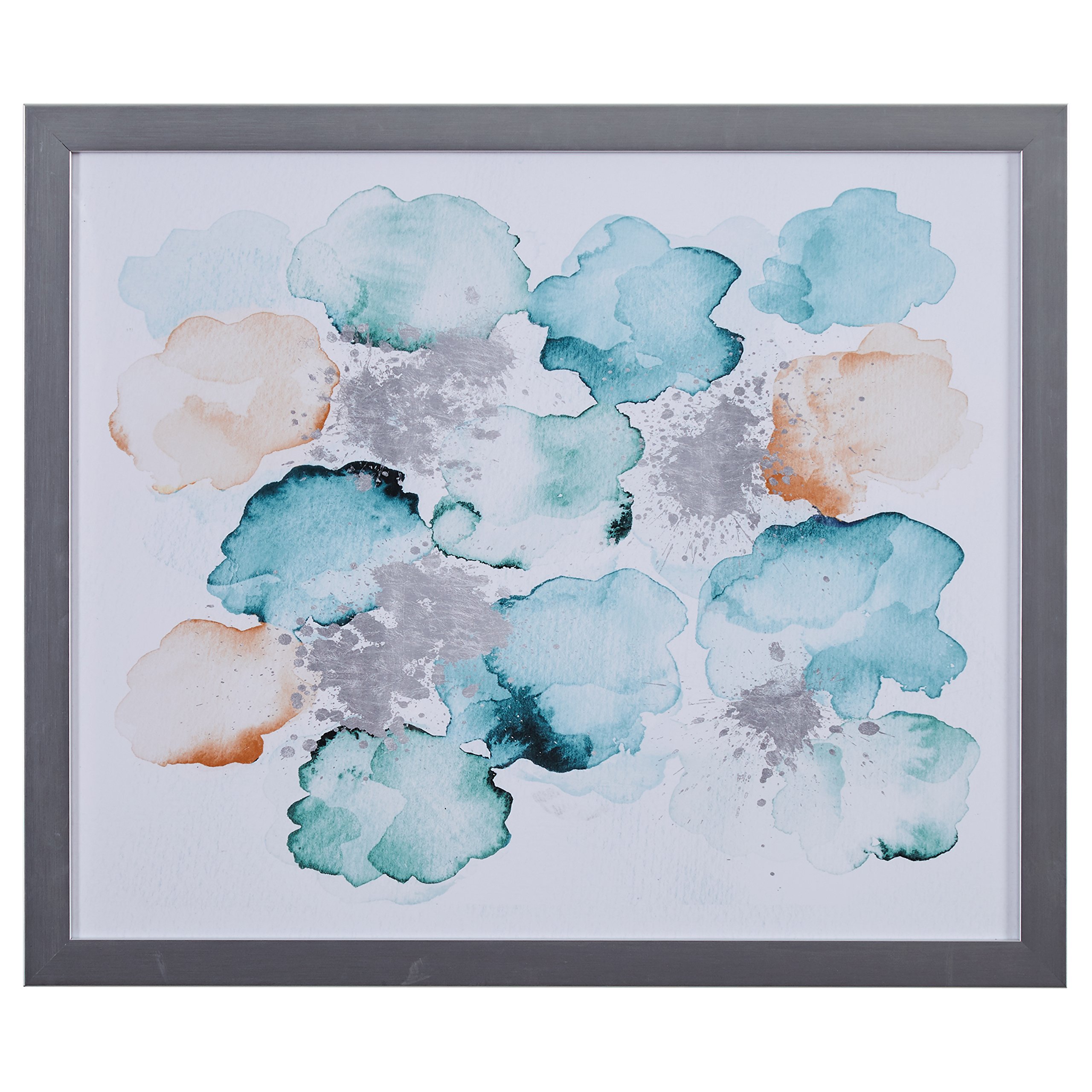Amazon Brand – Stone & Beam Modern Abstract Turquoise and Tan Print Wall Art in Silver Colored Frame, 22" x 26"