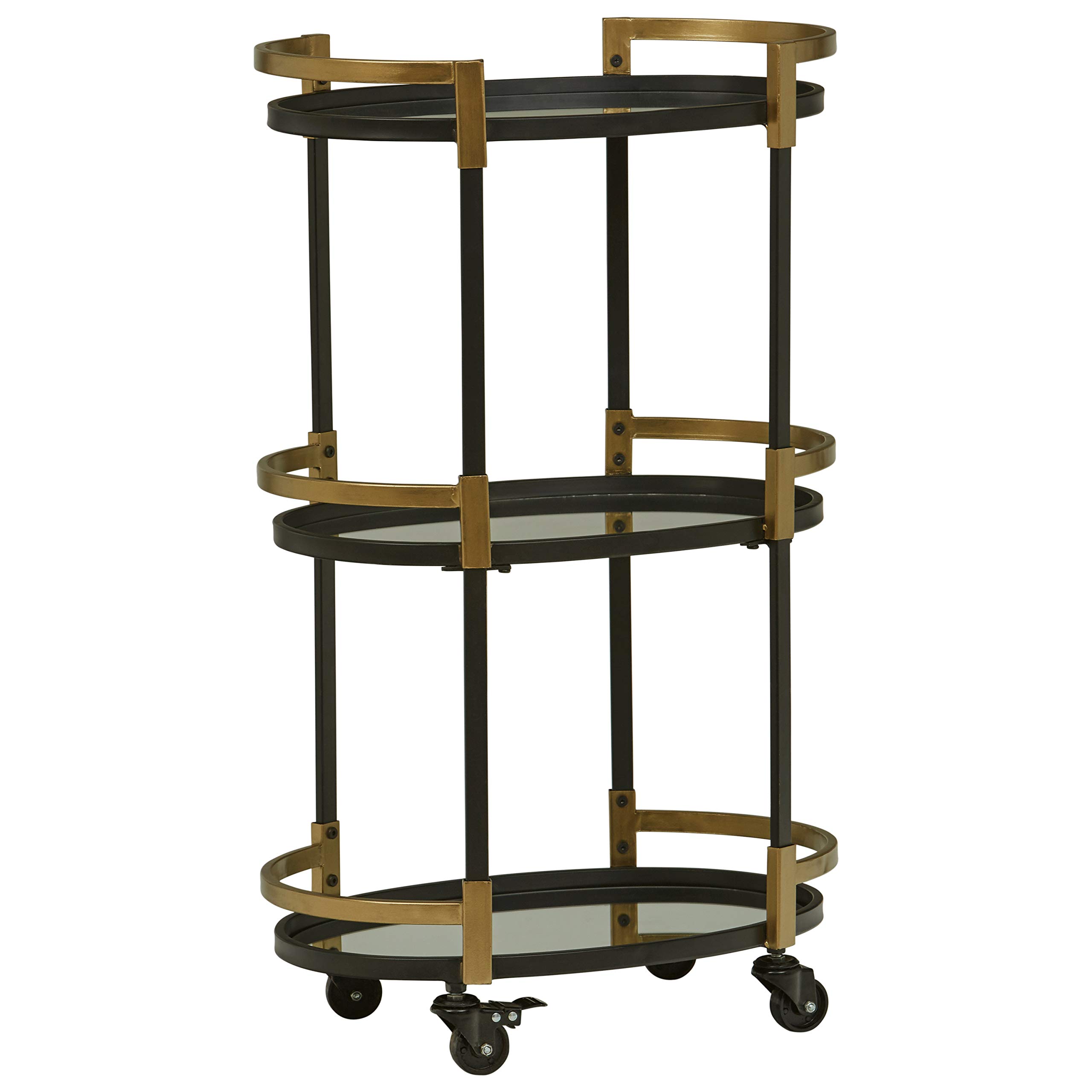 Amazon Brand – Rivet Modern Glass Shelf Rolling Serving Bar Cart, 32.28"H, Black & Gold