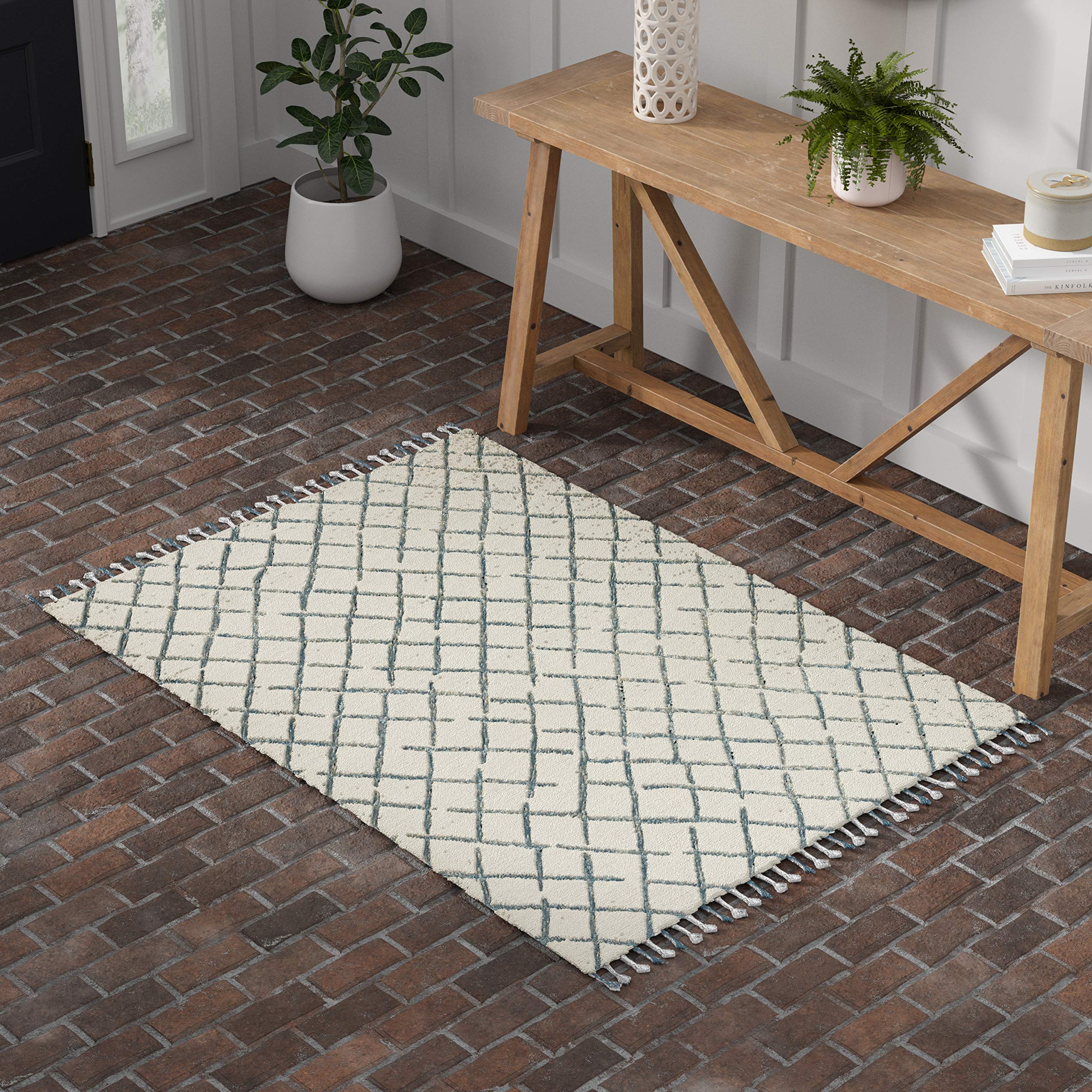 Amazon Brand – Stone & Beam Tassled Criss-Cross Wool Area Rug, 4 x 6 Foot, Blue and White