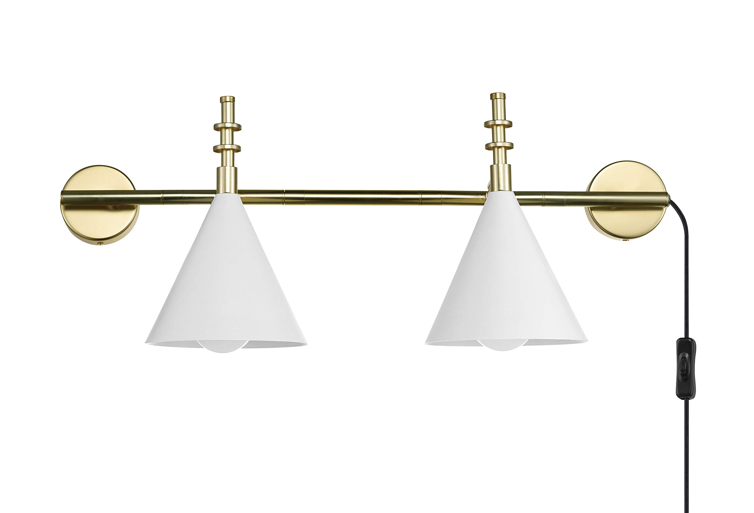 Amazon Brand – Rivet 2-Light Plug-In Wall Sconce with Glossy White Shades, LED Bulbs Included, 24"H, Antique Brass