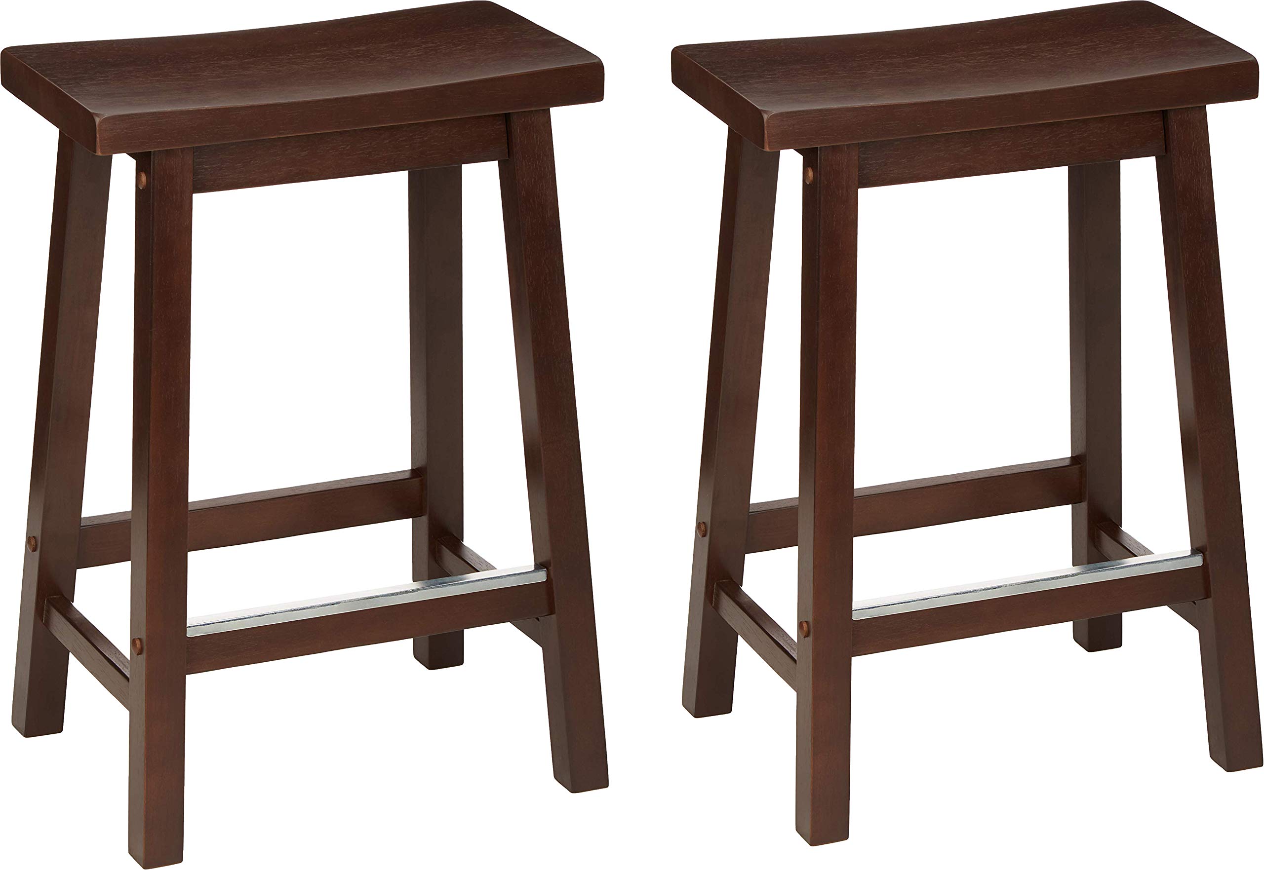 AmazonBasics Classic Solid Wood Saddle-Seat Kitchen Counter Stool with Foot Plate 24 Inch, Walnut, Set of 2