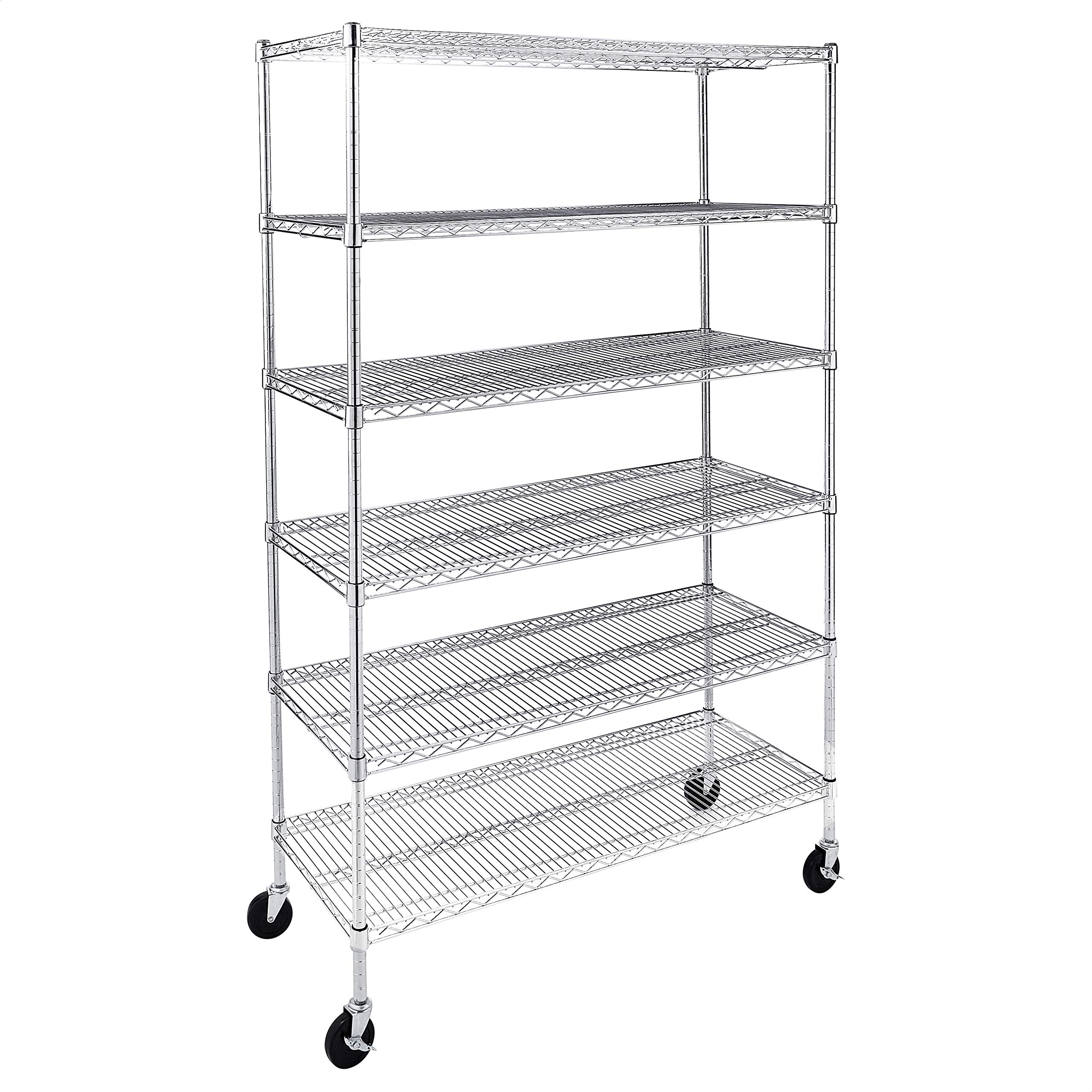 AmazonCommercial Heavy-Duty 6-Tier Steel Wire Shelving with Optional Wheels, NSF Certified, 48" W x 18" D, Chrome
