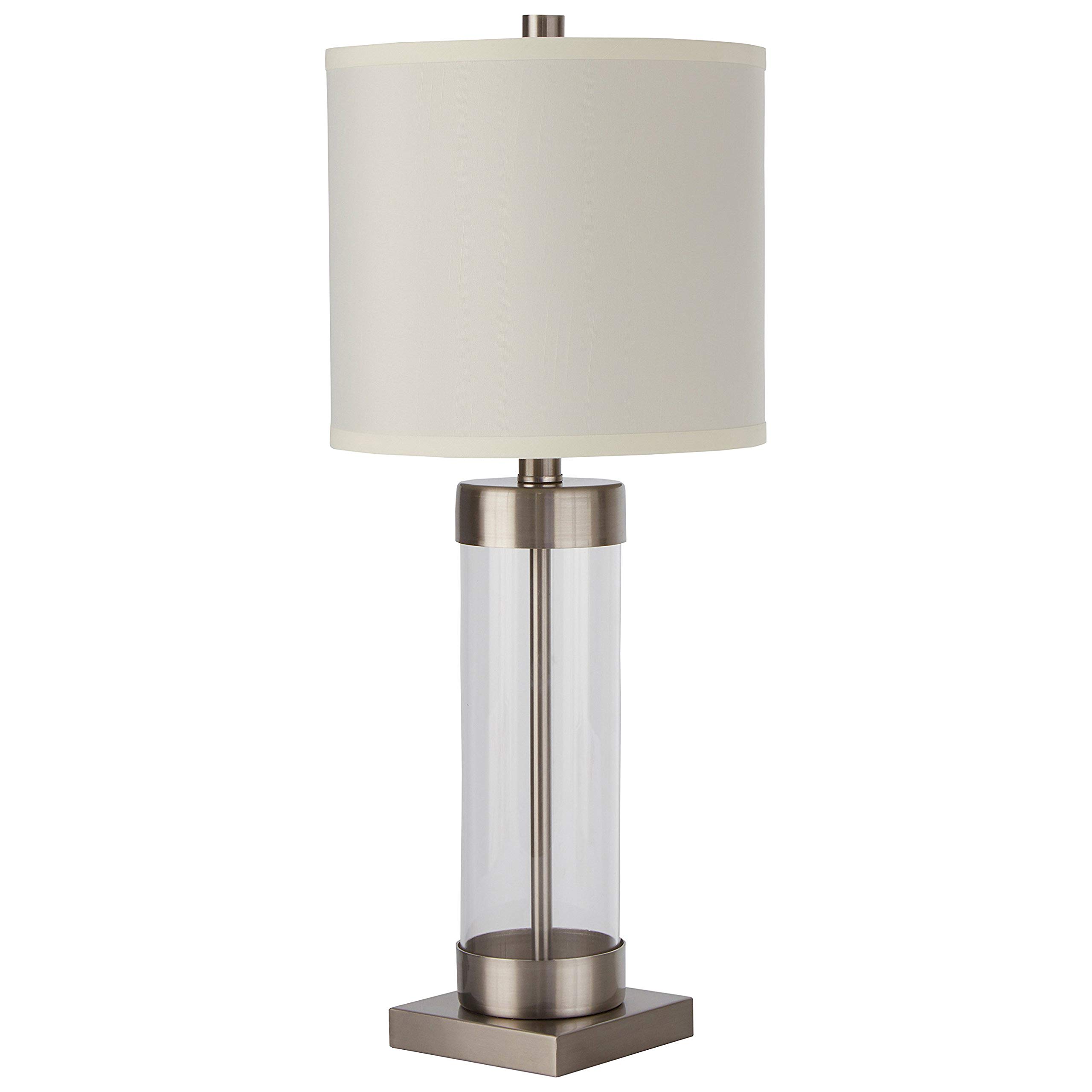 Amazon Brand – Stone & Beam Glass Column Living Room Table Desk Lamp With Light Bulb and Linen Shade, 23"H, Brushed Nickel