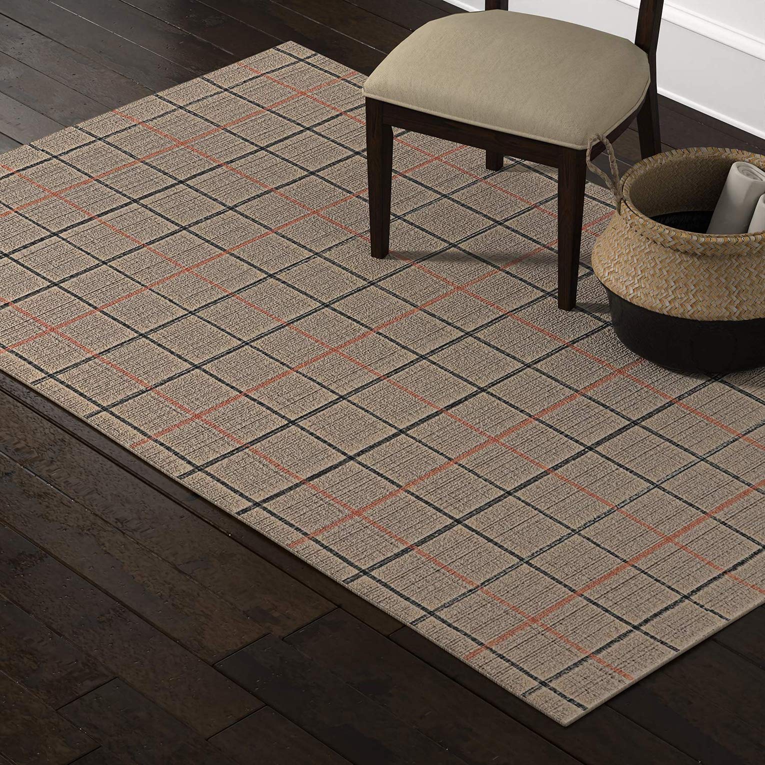 Amazon Brand – Stone & Beam Casual Plaid Area Rug, 5 x 8 Foot, Flatweave, Grey, Ivory, Red