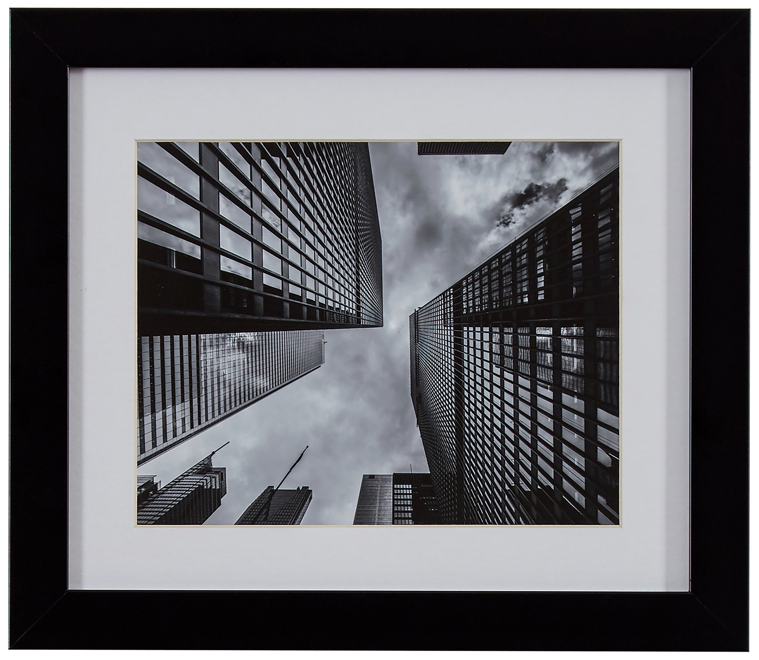 Amazon Brand – Rivet Ground View Black and White Photography Matted Skyscrapers Wall Art, Black Frame, 22" x 18"