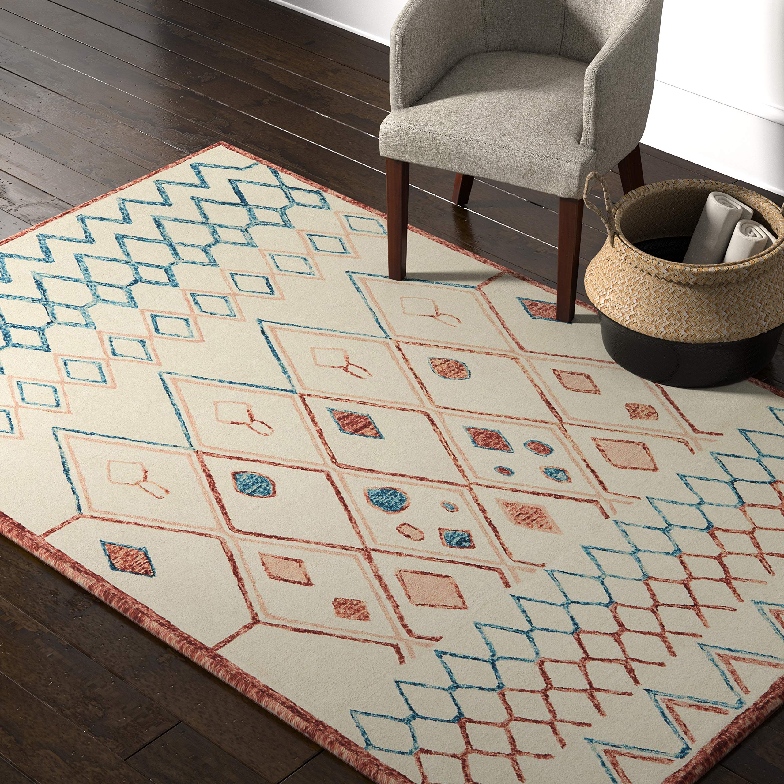 Amazon Brand – Rivet Handtufted Diamond-Patterned Cotton and Wool Area Rug, 5' x 8', Cream with Orange and Blue