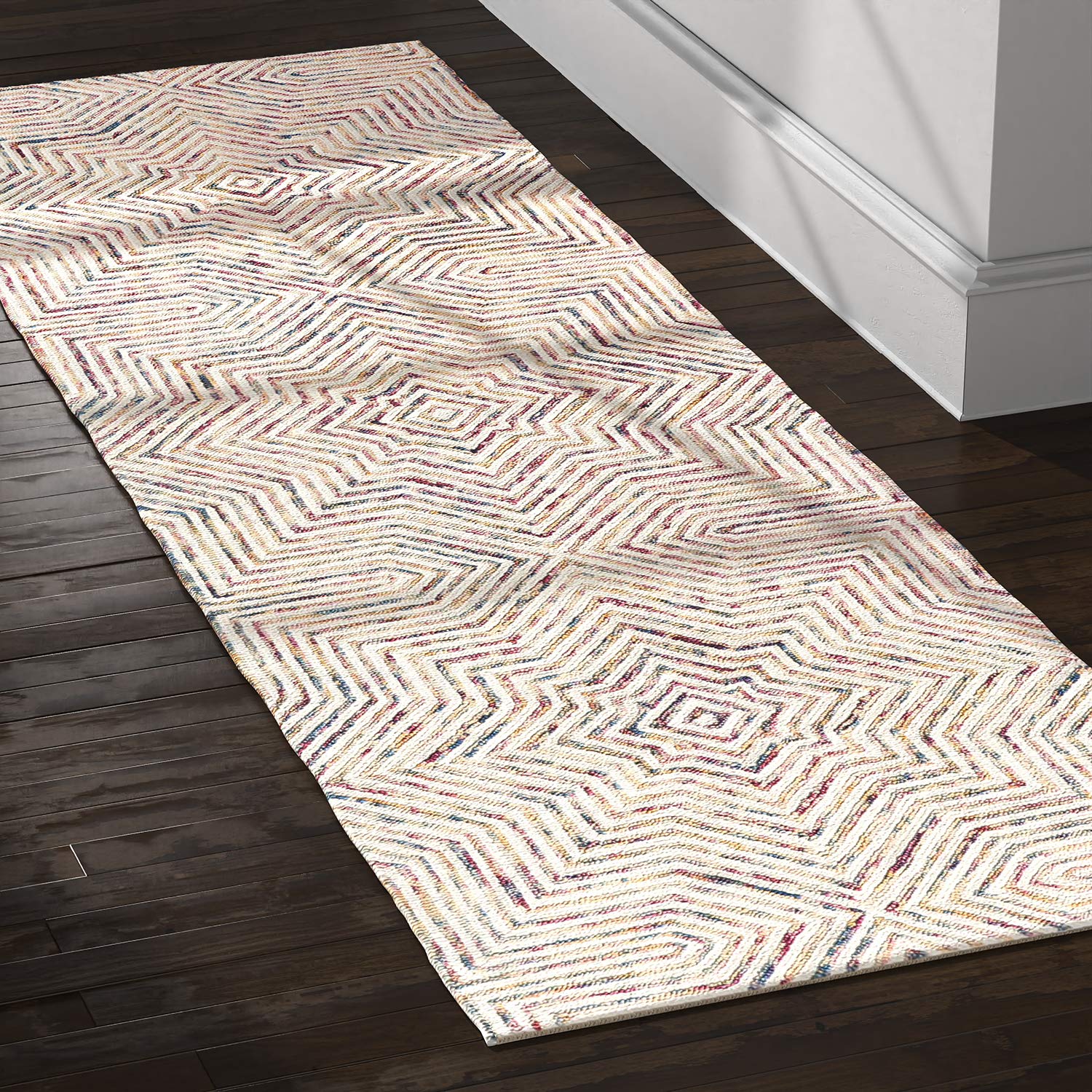 Amazon Brand – Rivet Geometric Wool Runner Rug, 2' 6" x 8', Ivory, Red, Purple