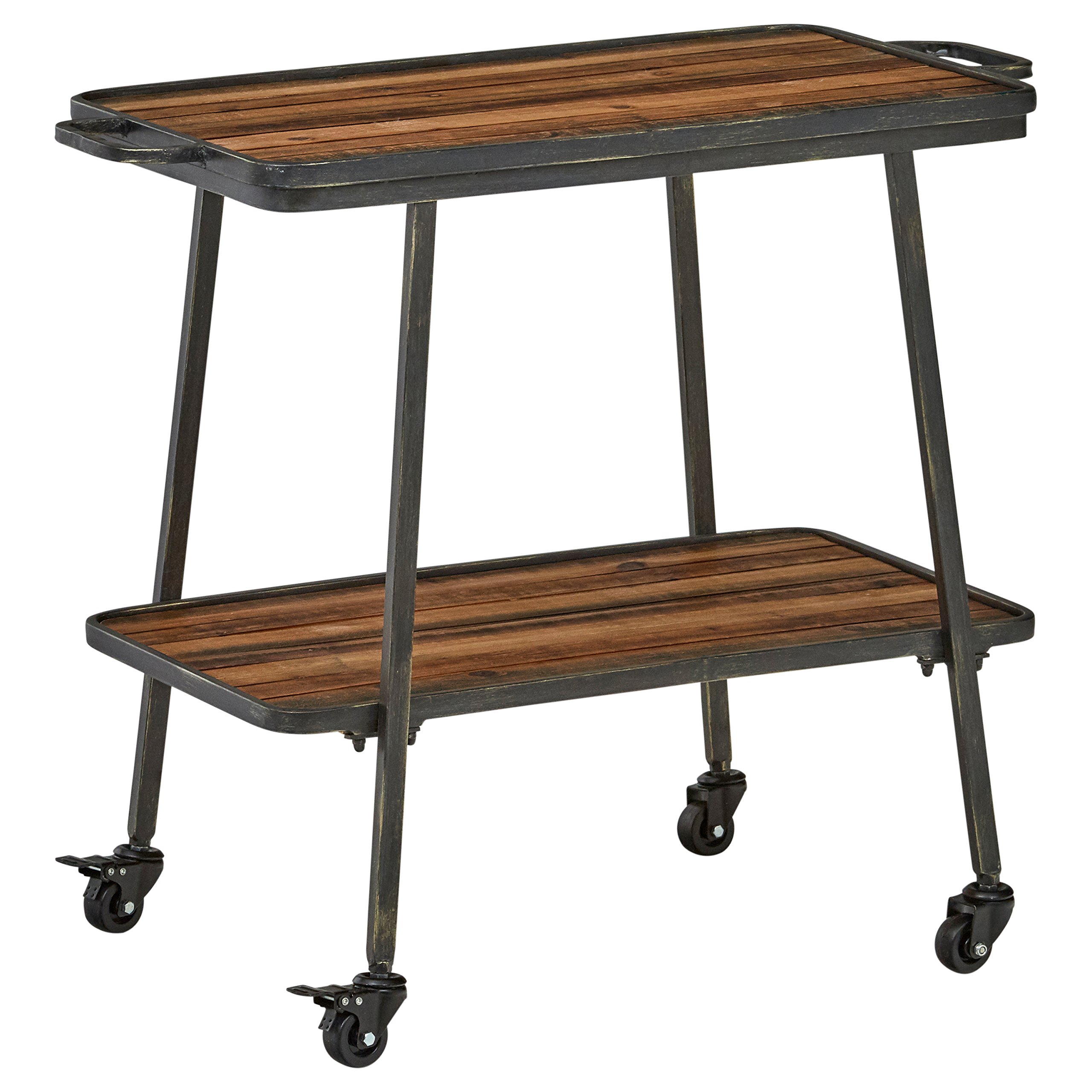 Amazon Brand – Rivet 2-Tiered Industrial Kitchen Rolling Bar Cart with Wheels, 32.3"W, Natural, Black