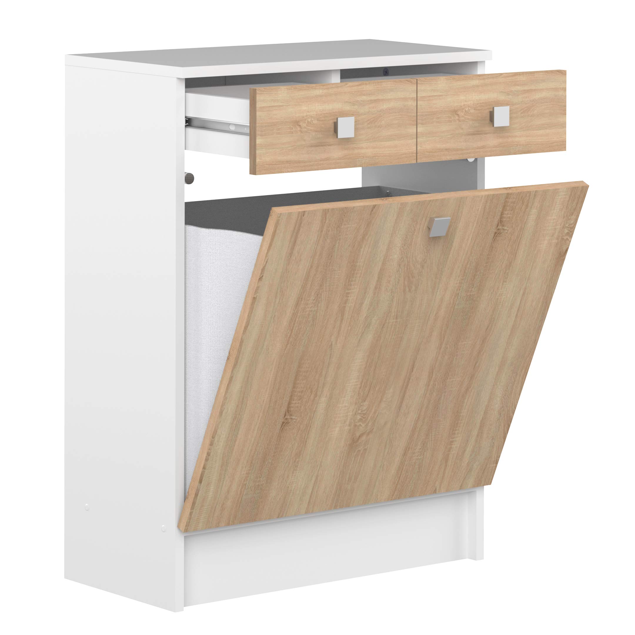 Marca Amazon - AmazonBasics - Armario con cesto para colada, 60 x 29.6 x 81,5 cm (largo x ancho x alto), roble y blanco