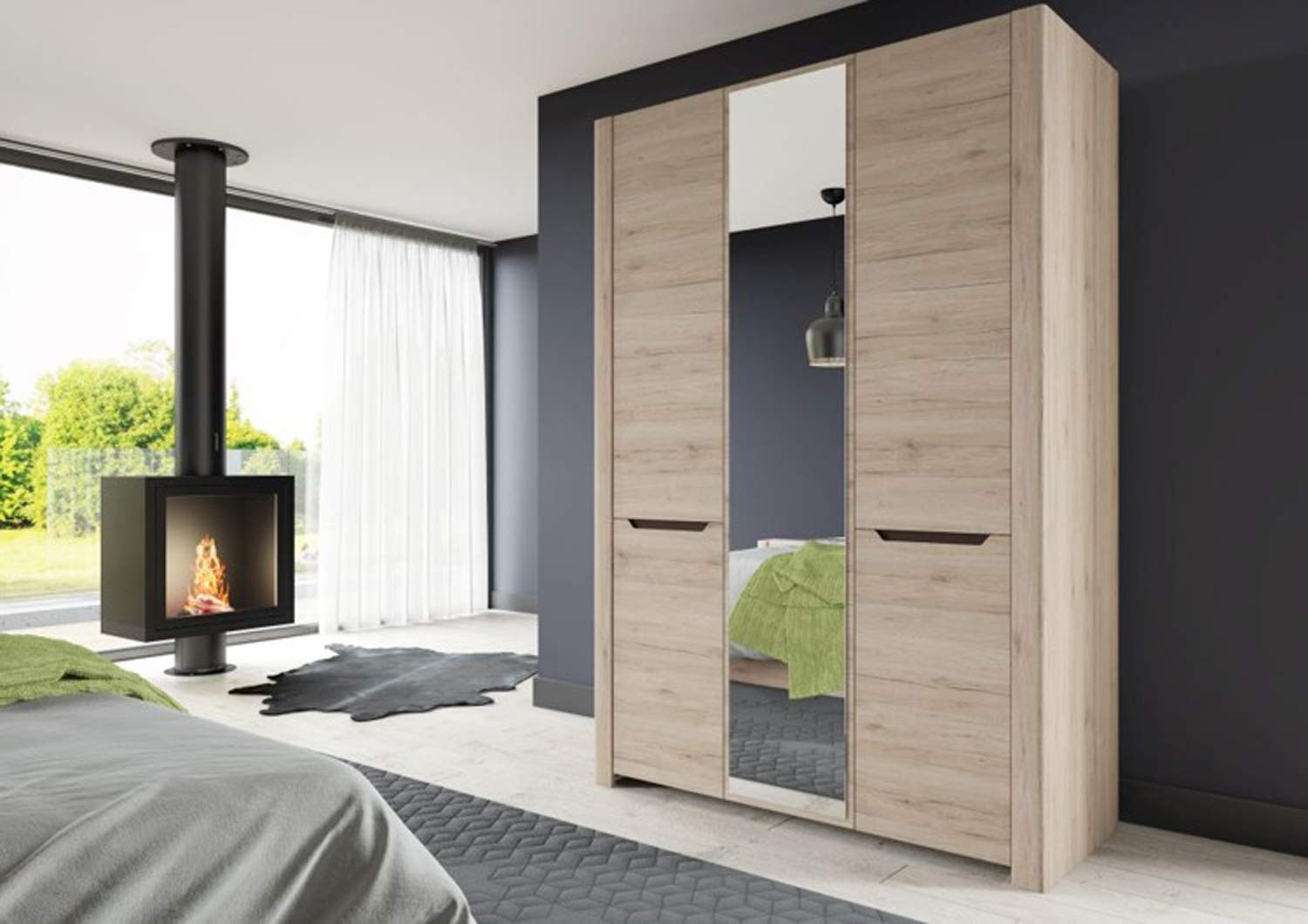 Marque Amazon - Movian - Armoire 3 portes avec miroir Mira, 140 x 207 x 58 cm, Chêne Sanremo