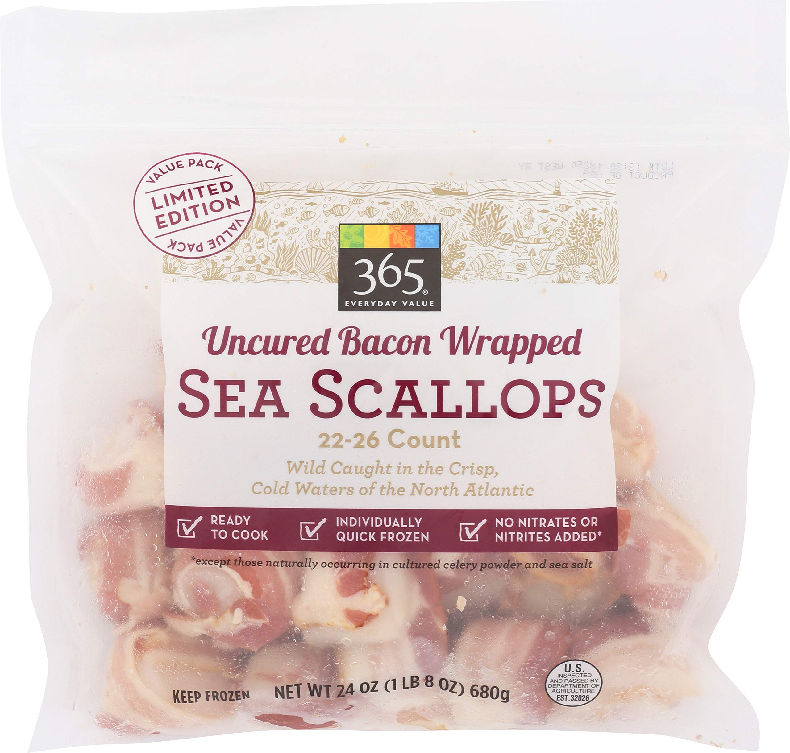 365 Everyday Value, Uncured Bacon Wrapped Sea Scallops, 24 oz