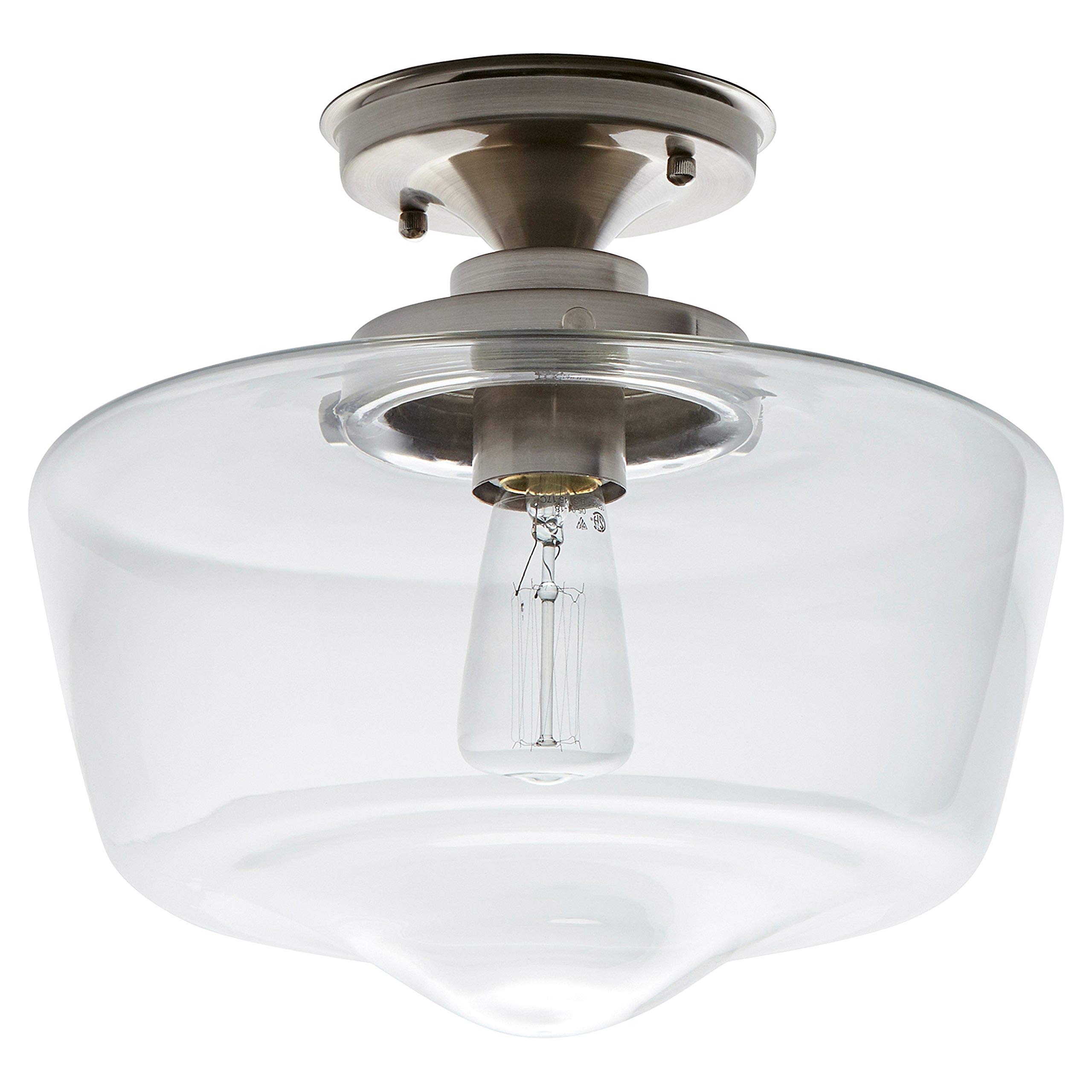 Amazon Brand – Stone & Beam Schoolhouse Semi-Flush Mount Ceiling Fixture With Light Bulb And Clear Glass Shade - 11 x 11 x 10.5 Inches, Brushed Nickel