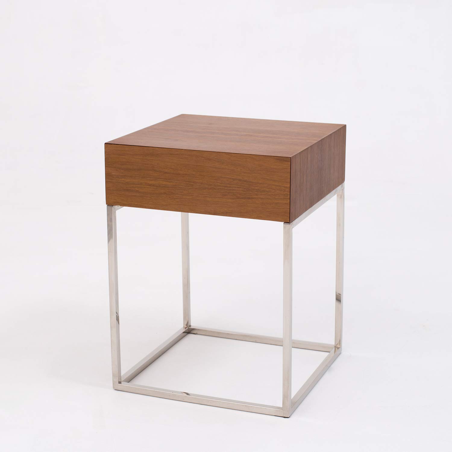 Amazon Brand - Rivet 1-Drawer End/Side Table, 40 x 40 x 54cm, MDF with Walnut Veneer/Polished Stainless Steel Frame