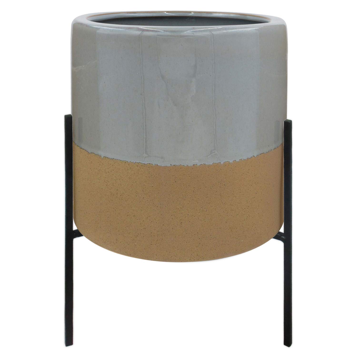 Amazon Brand – Rivet Mid-Century Ceramic Planter with Iron Stand, 17"H, Grey and Tan