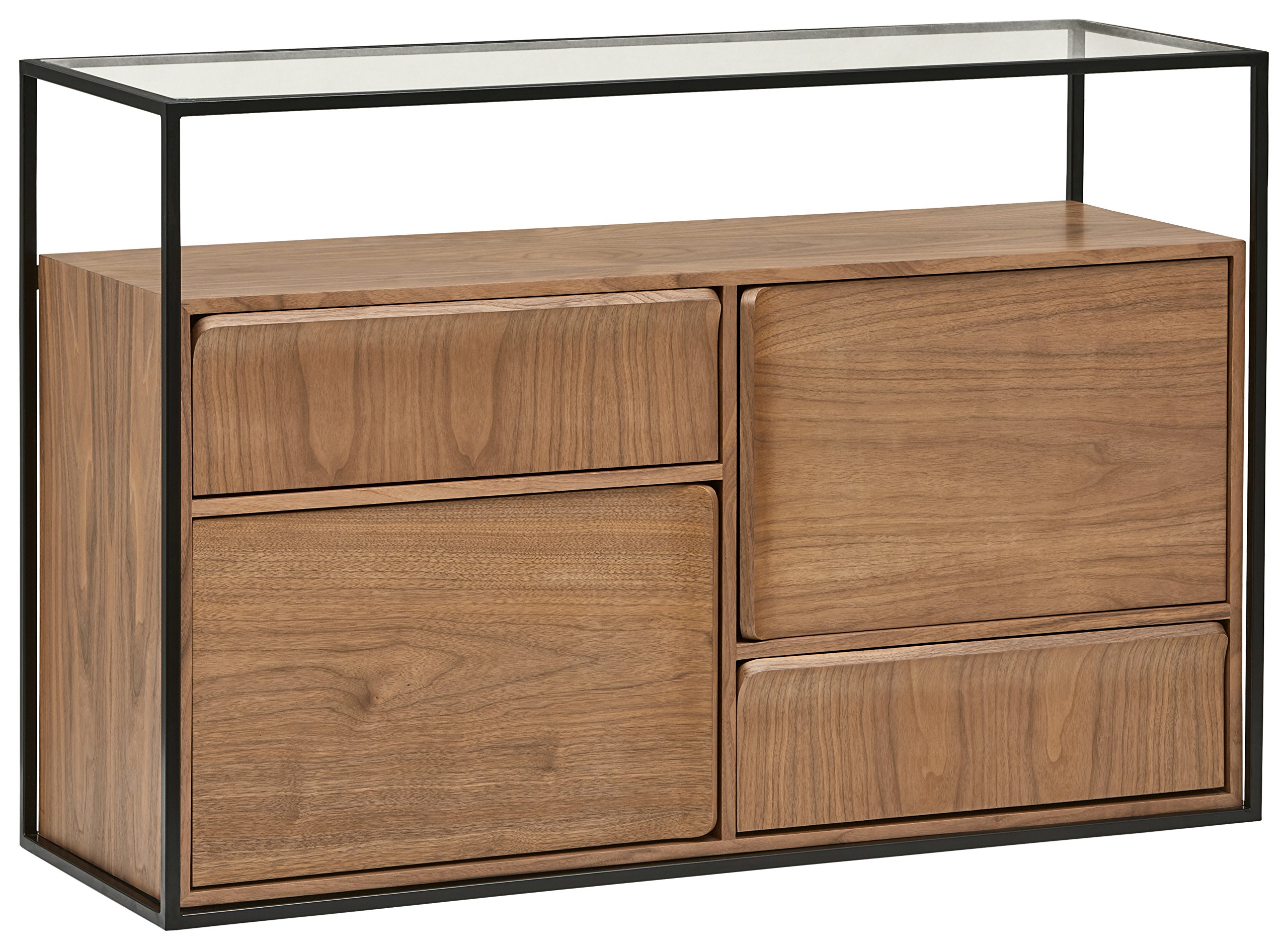 Amazon Brand – Rivet King Street Industrial Four-Drawer Media Console Table, Walnut, Black Metal, Glass