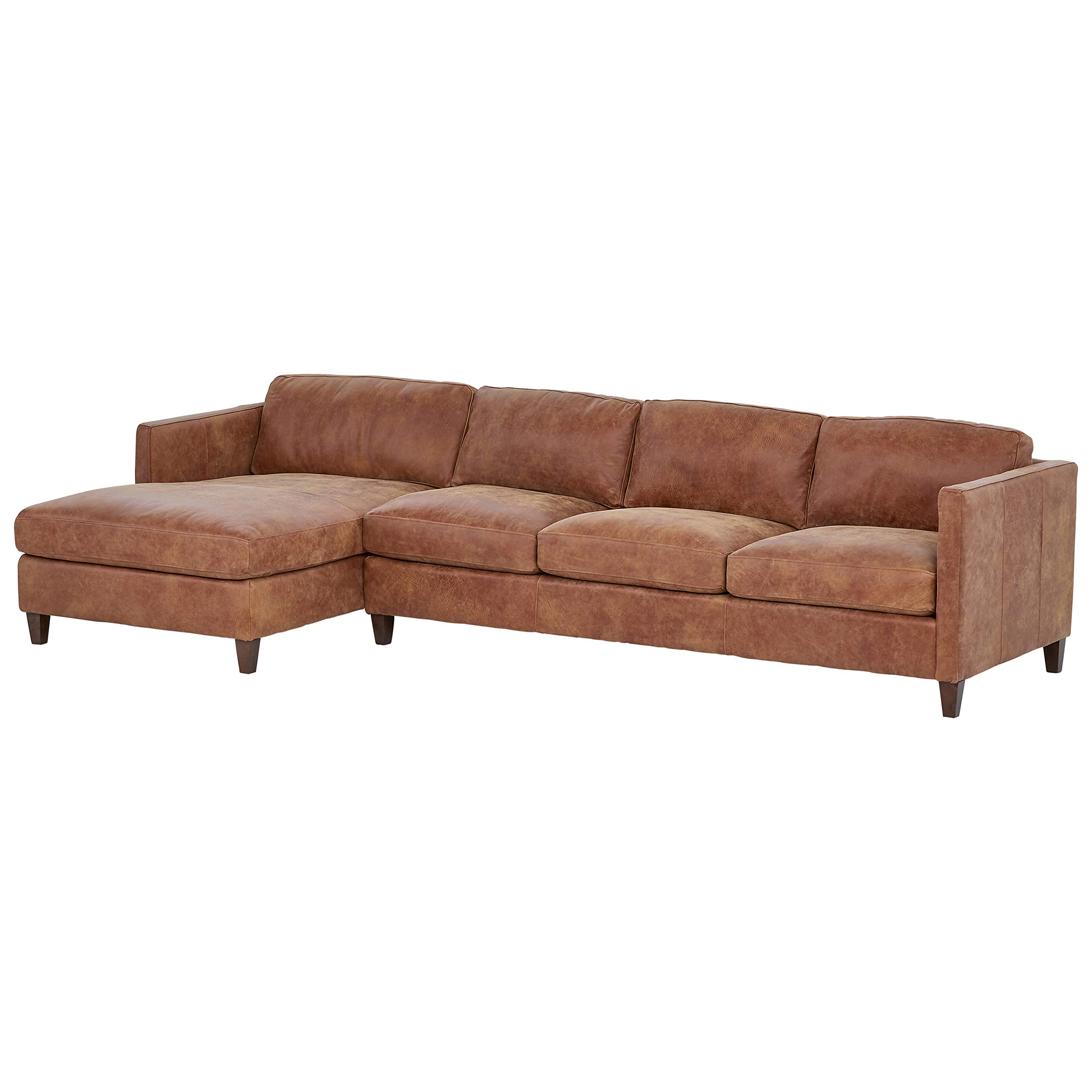 Amazon Brand – Stone & Beam Andover Leather Left-Facing Sofa-Chaise Sectional, 126"W, Saddle Brown