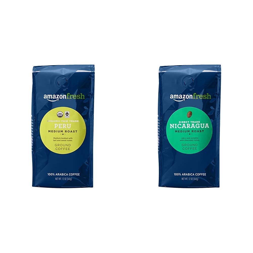 AmazonFresh Organic Fair Trade Peru Ground Coffee, Medium Roast, 12 Ounce & Direct Trade Nicaragua Ground Coffee, Medium Roast, 12 Ounce, 1 Pack