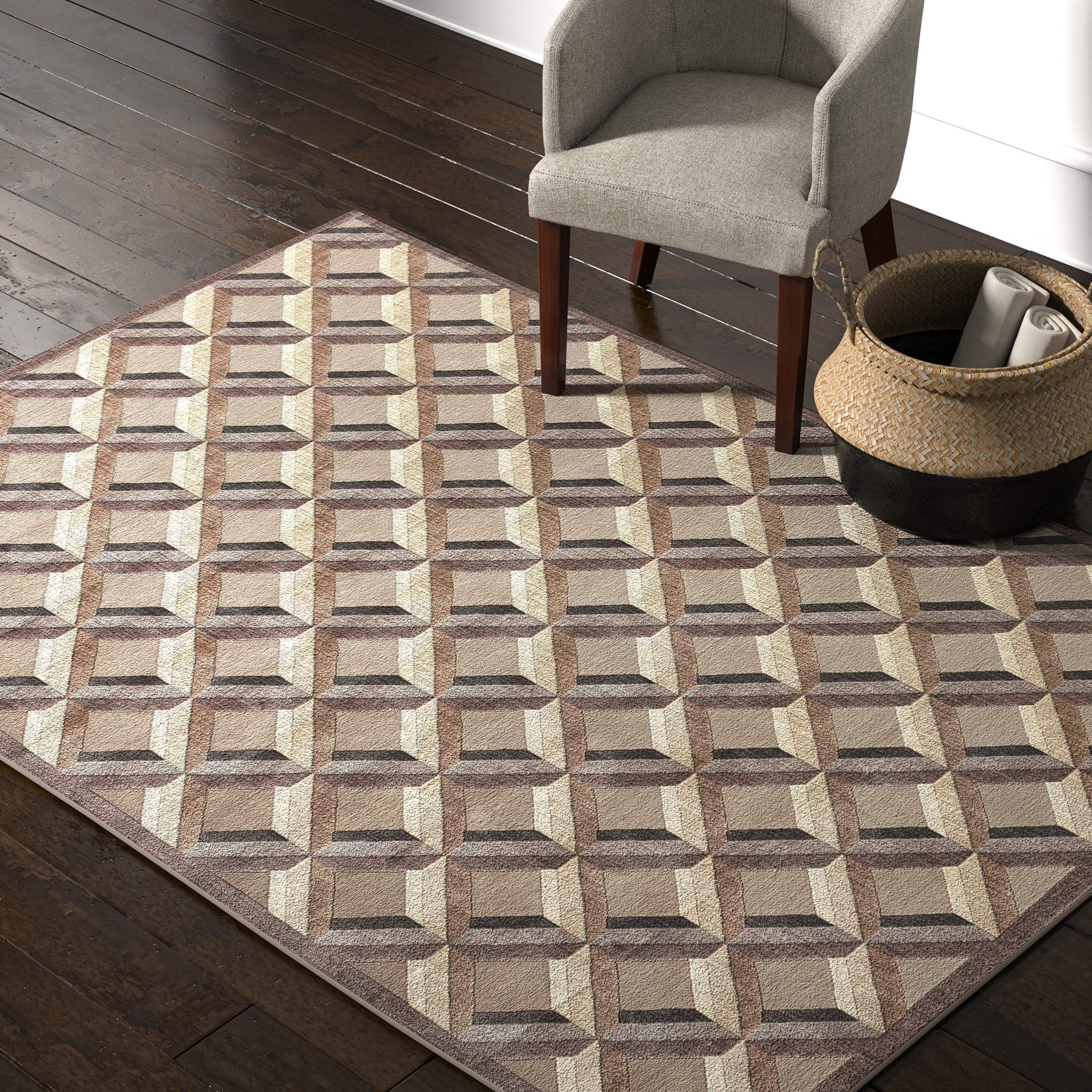 Amazon Brand – Rivet Motion Modern Grid Pop Area Rug, 5' 3" x 7' 5", Stone