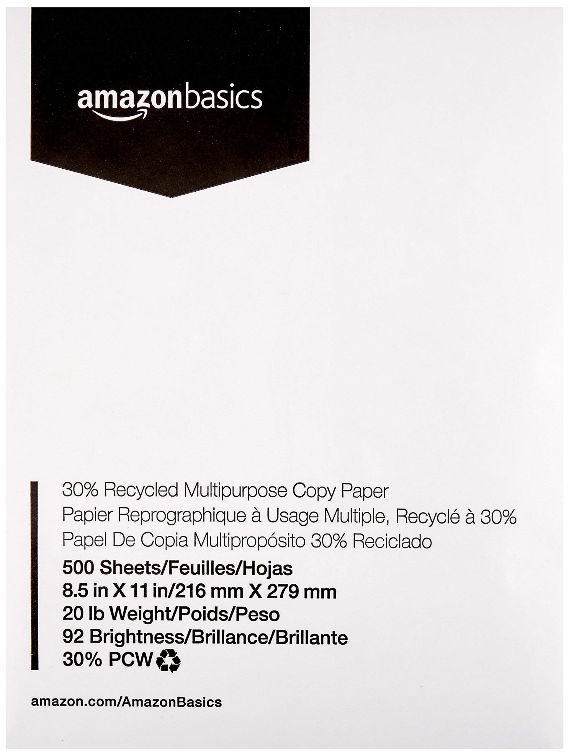 AmazonBasics 30% Recycled Multipurpose Copy Printer Paper - 8.5 x 11 Inches, 1 Ream (500 Sheets) (Renewed)