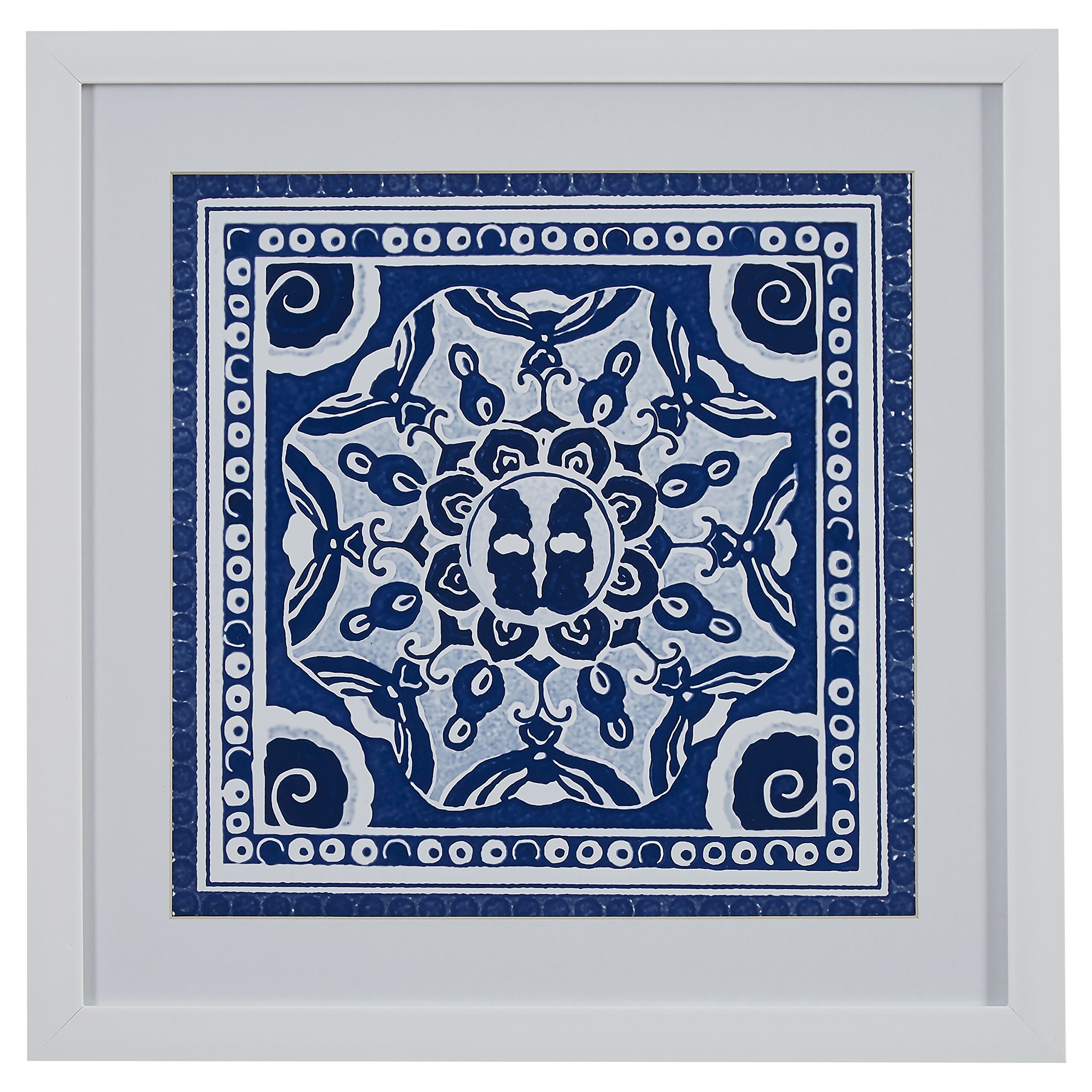 Amazon Brand – Stone & Beam Boho Blue and White Print Wall Art, White Frame, 22" x 22"