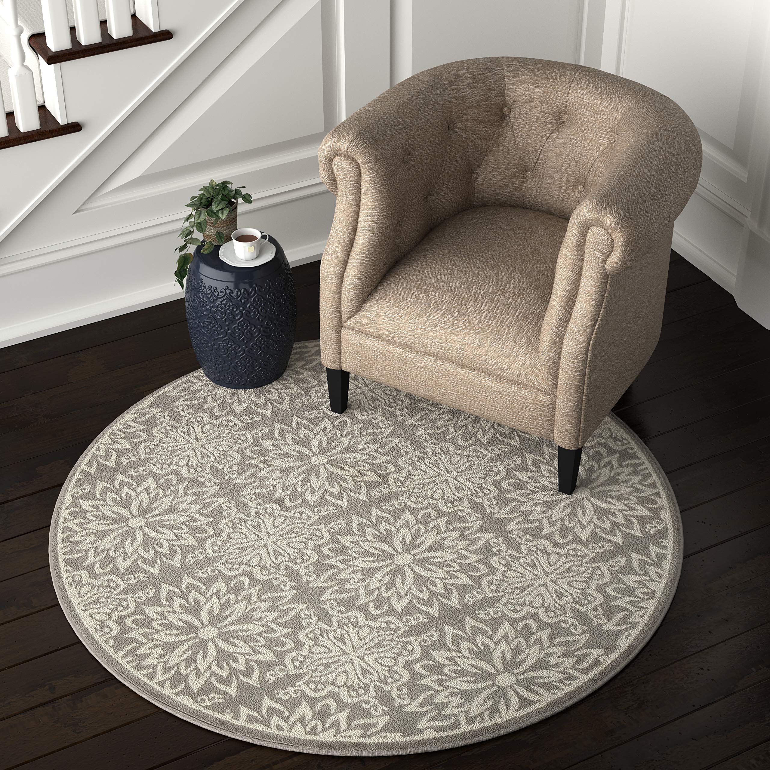 Ravenna Home Floral Medallion Tiled Rug, 5'3" Round, Warm Grey with Ivory