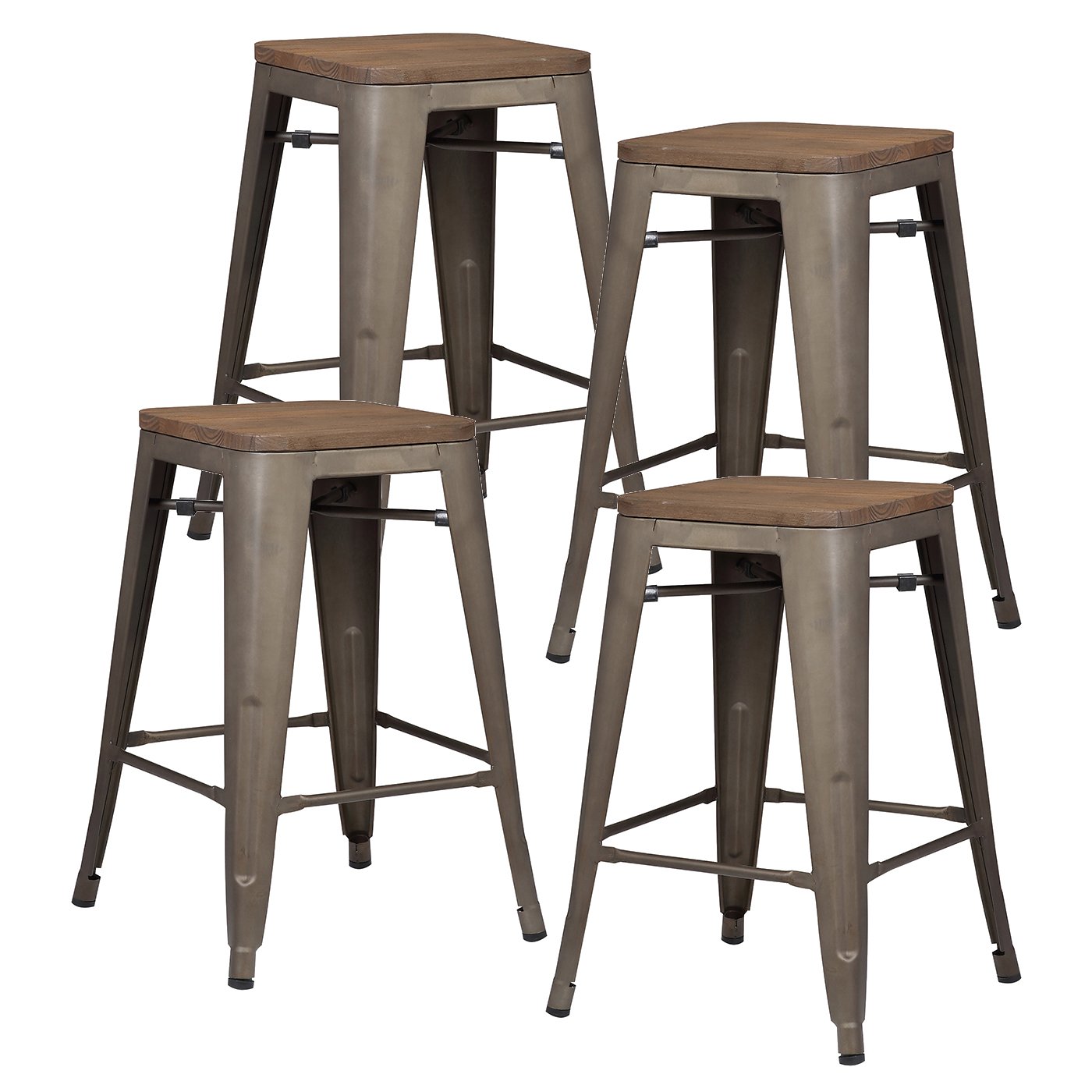 Wuxing Pioneer Square Alessio 24-Inch Counter-Height Metal Stool with Bronze Finish and Elmwood Seat, Set of 4