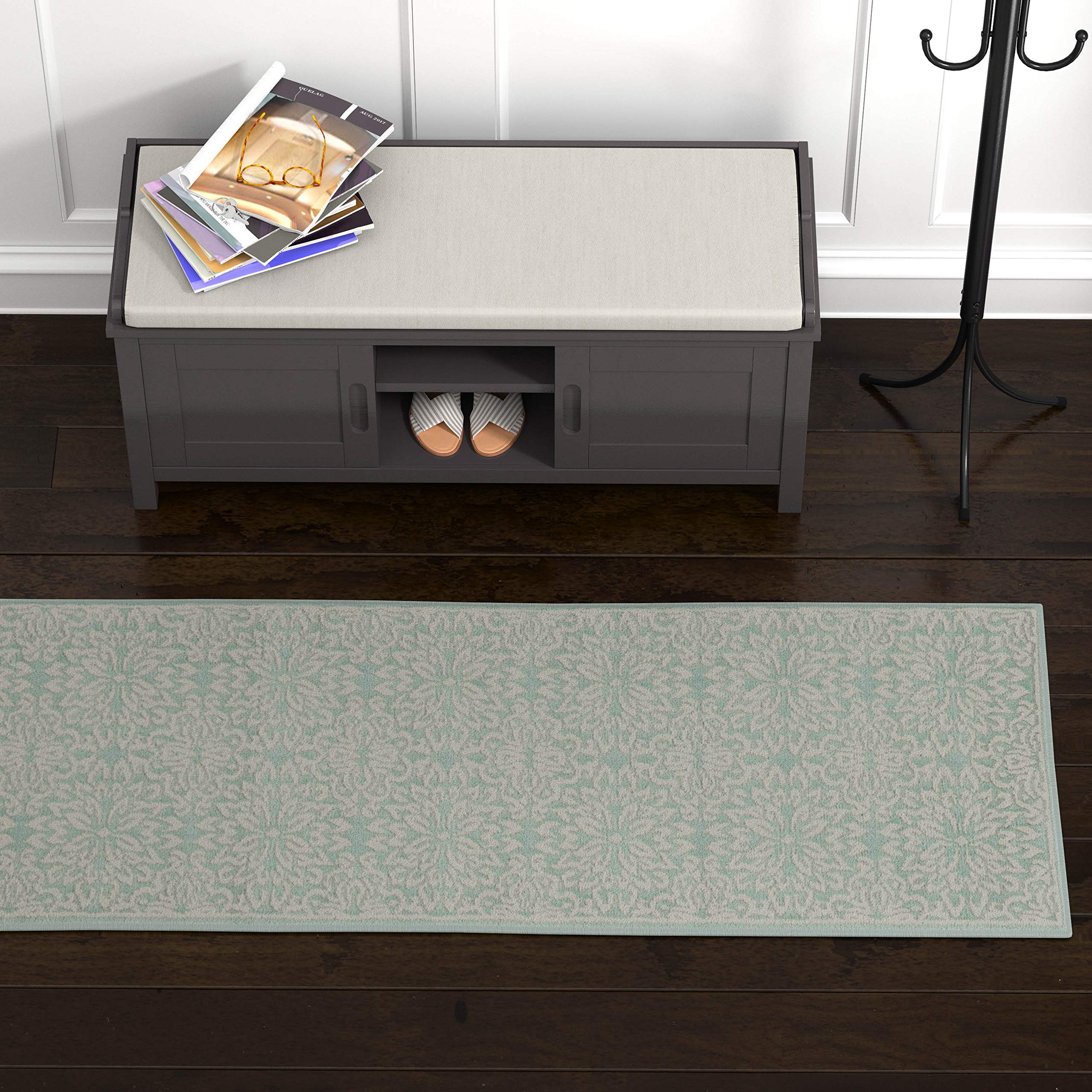 Ravenna Home Floral Medallion Tiled Rug, 2'3" x 7'3", Pale Aqua with Ivory