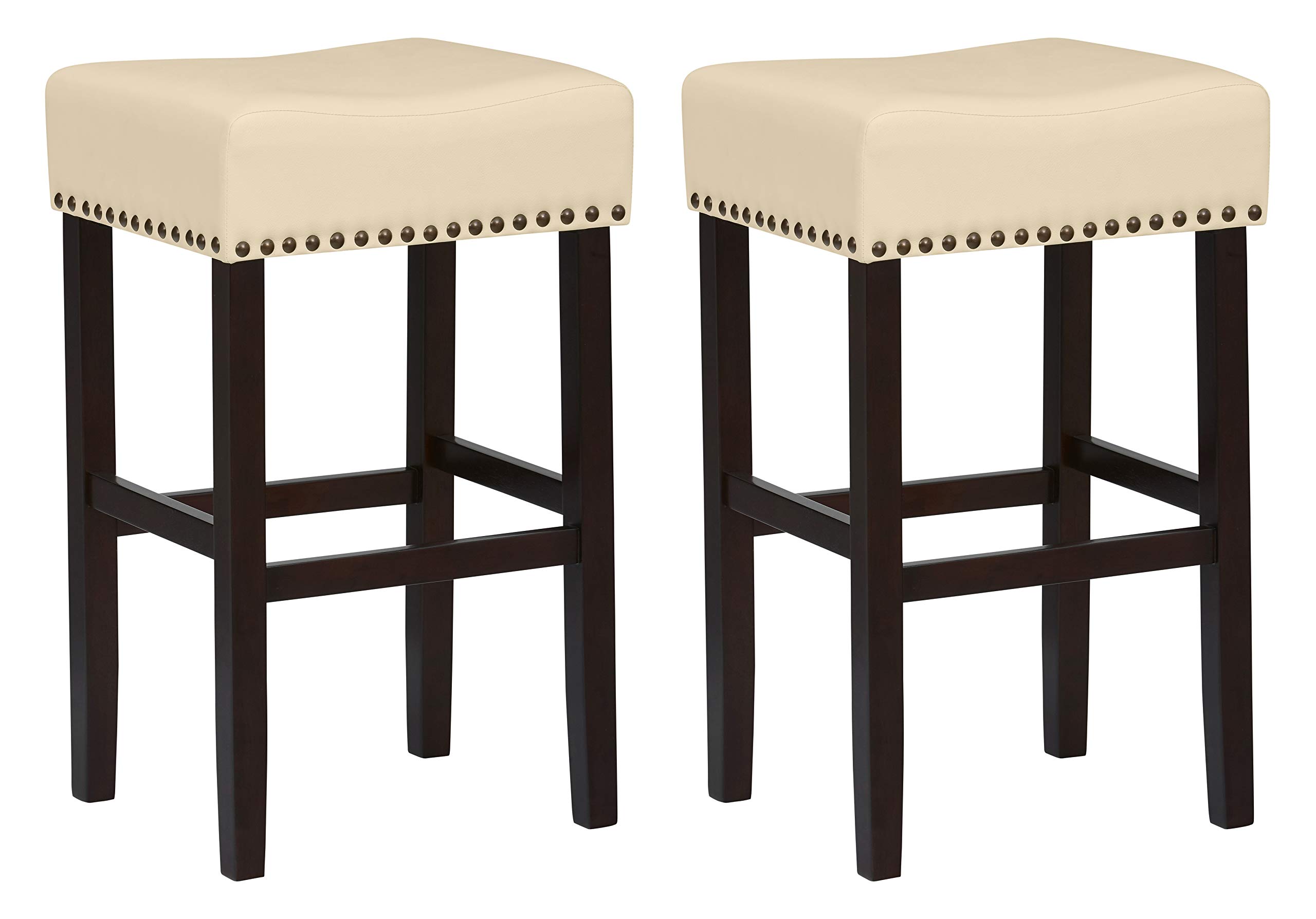 Amazon Brand – Ravenna Home Lisetta Nailhead Saddle Bar Stool, 30"H, Espresso with Cream Faux Leather (2 Pack)