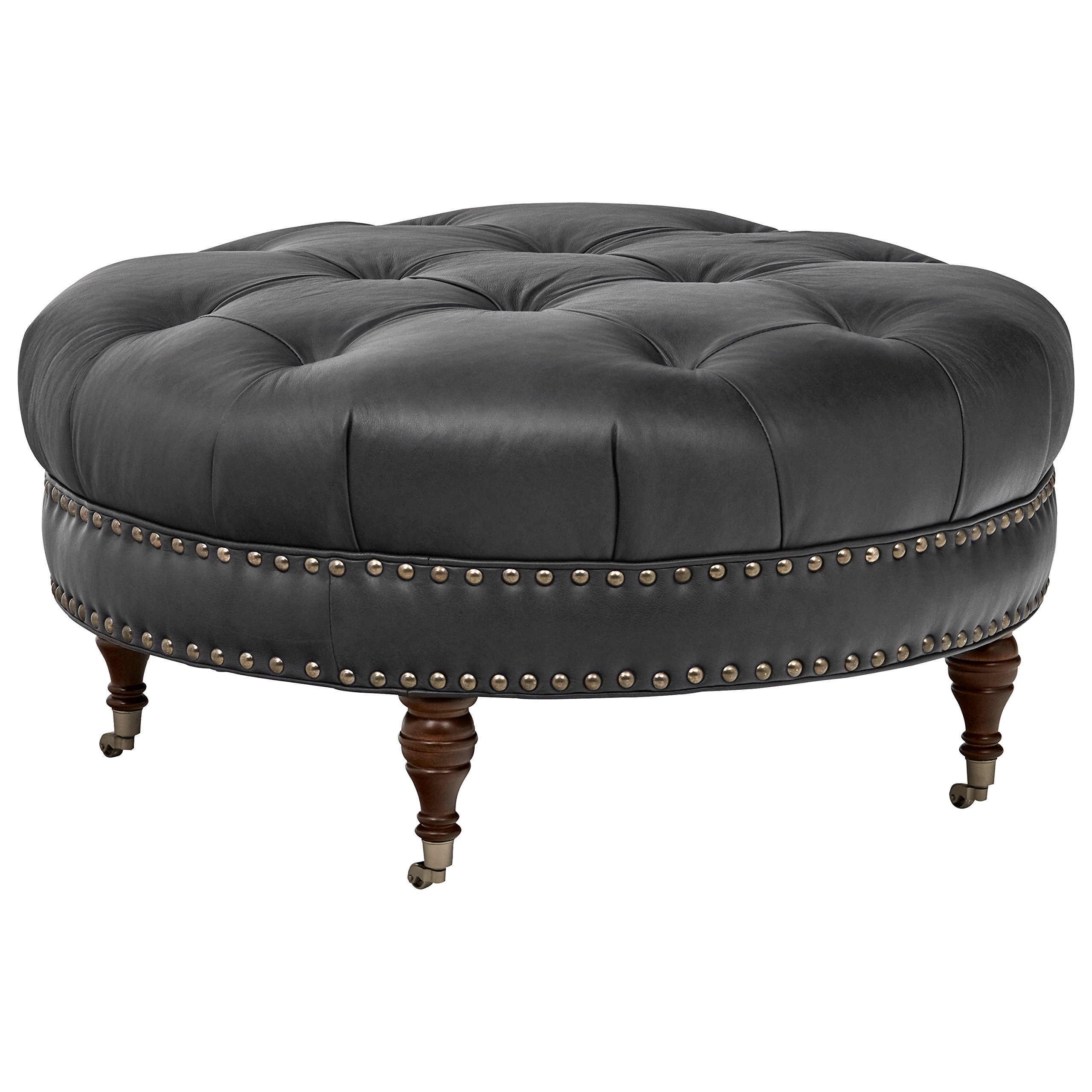 Amazon Brand – Stone & Beam Janelle Button Tufted Round Leather Wheeled Ottoman, 37"W, Charcoal