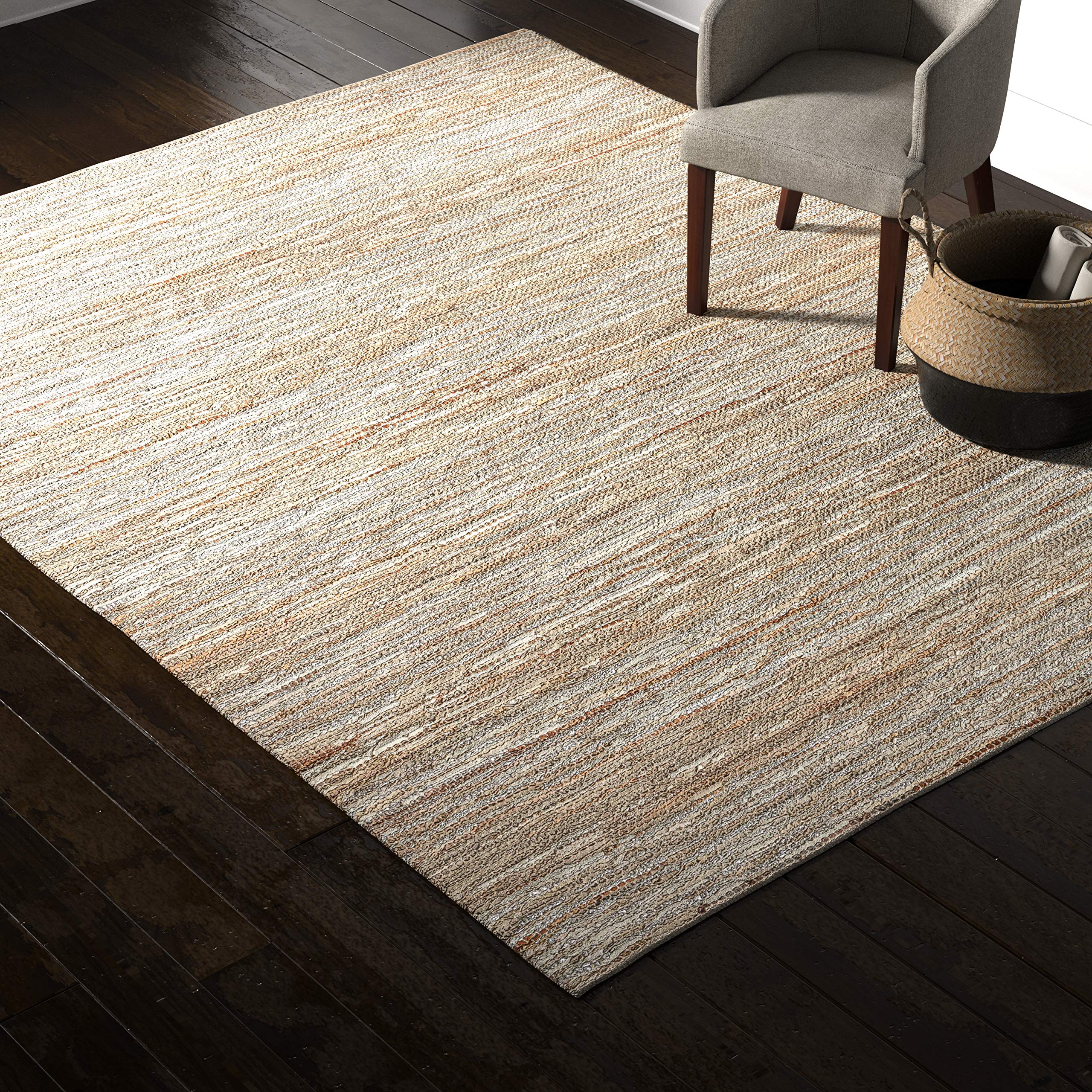 Amazon Brand – Rivet Leather and Metallic Faded Lines Rug, 7'6" x 9'6", Beige & Silver