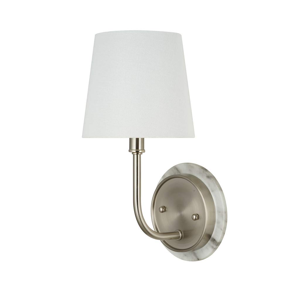 Amazon Brand – Stone & Beam Contemporary 1-Light White Marble Wall Sconce with Linen Shade, LED Bulb Included, 13.5"H, Brushed Nickel