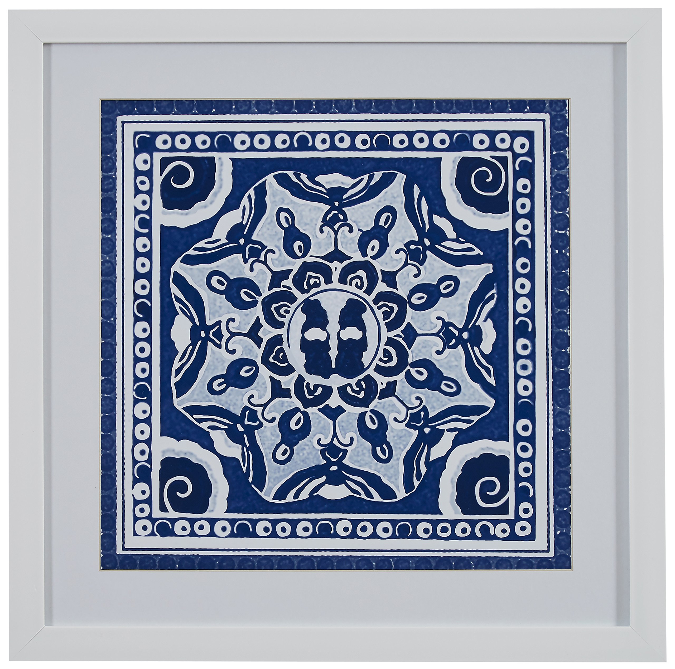 Amazon Brand – Stone & Beam Boho Blue and White Print Wall Art, White Frame, 14" x 14"